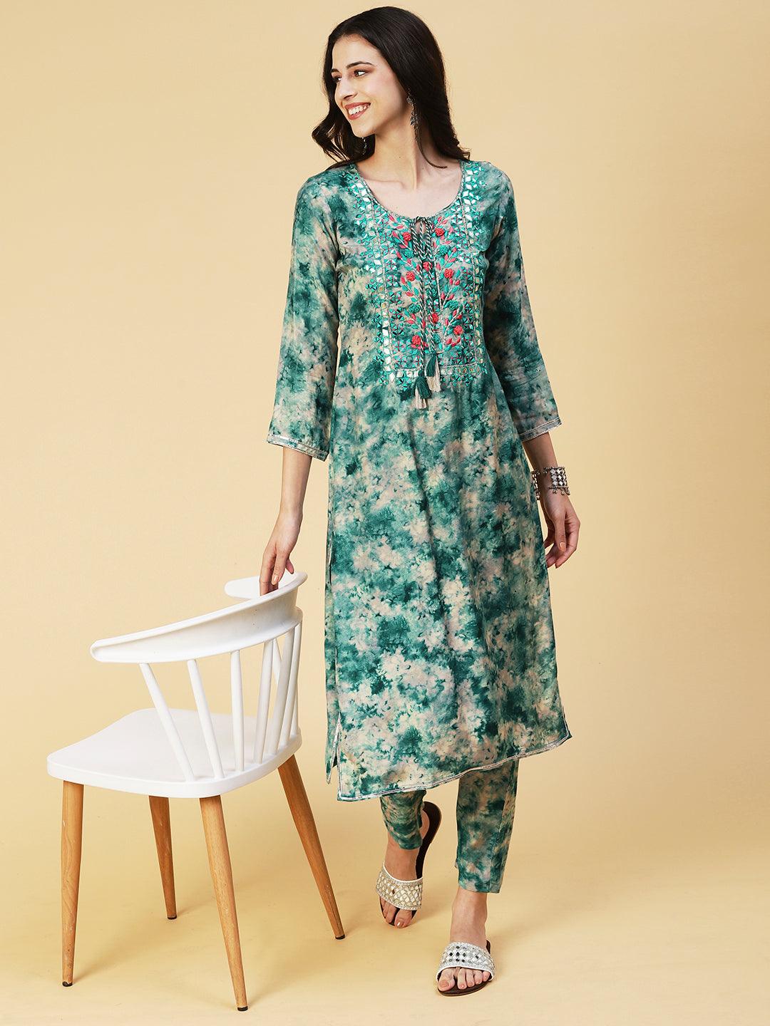 Tie-dyed Mirror Embroidered Kurta With Pants - Green - Indiakreations