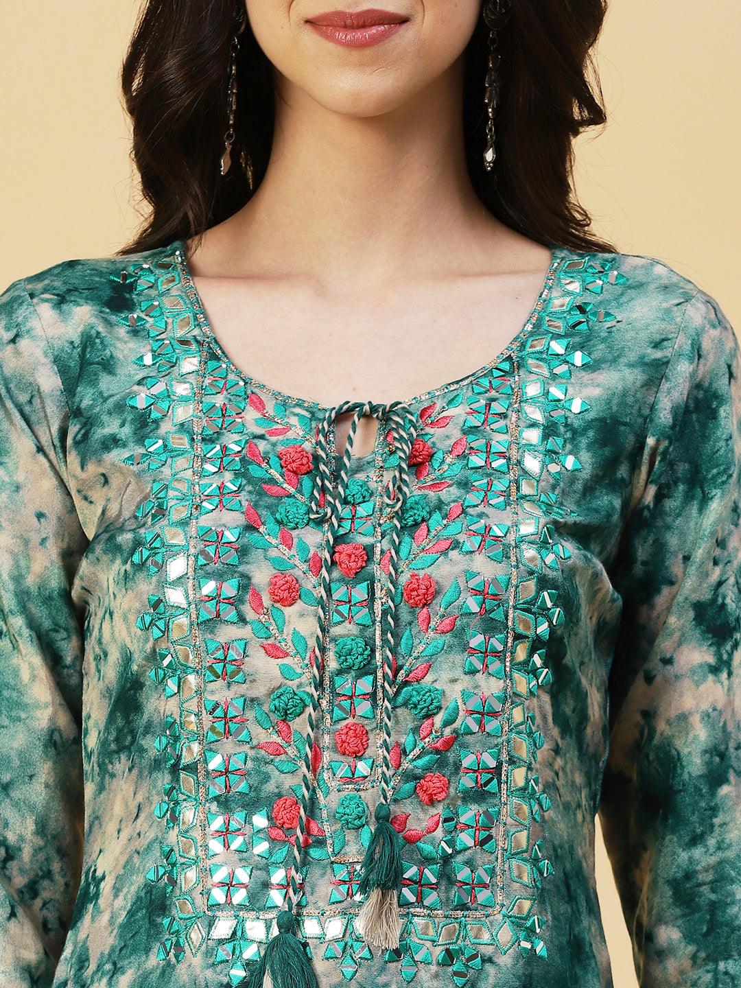 Tie-dyed Mirror Embroidered Kurta With Pants - Green - Indiakreations