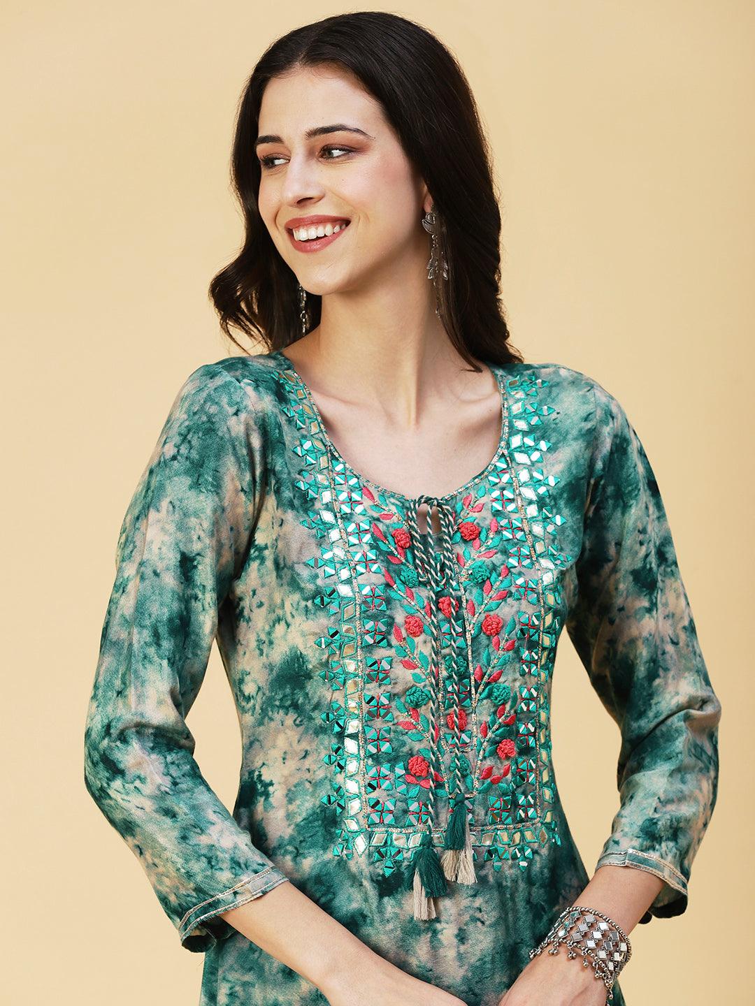 Tie-dyed Mirror Embroidered Kurta With Pants - Green - Indiakreations