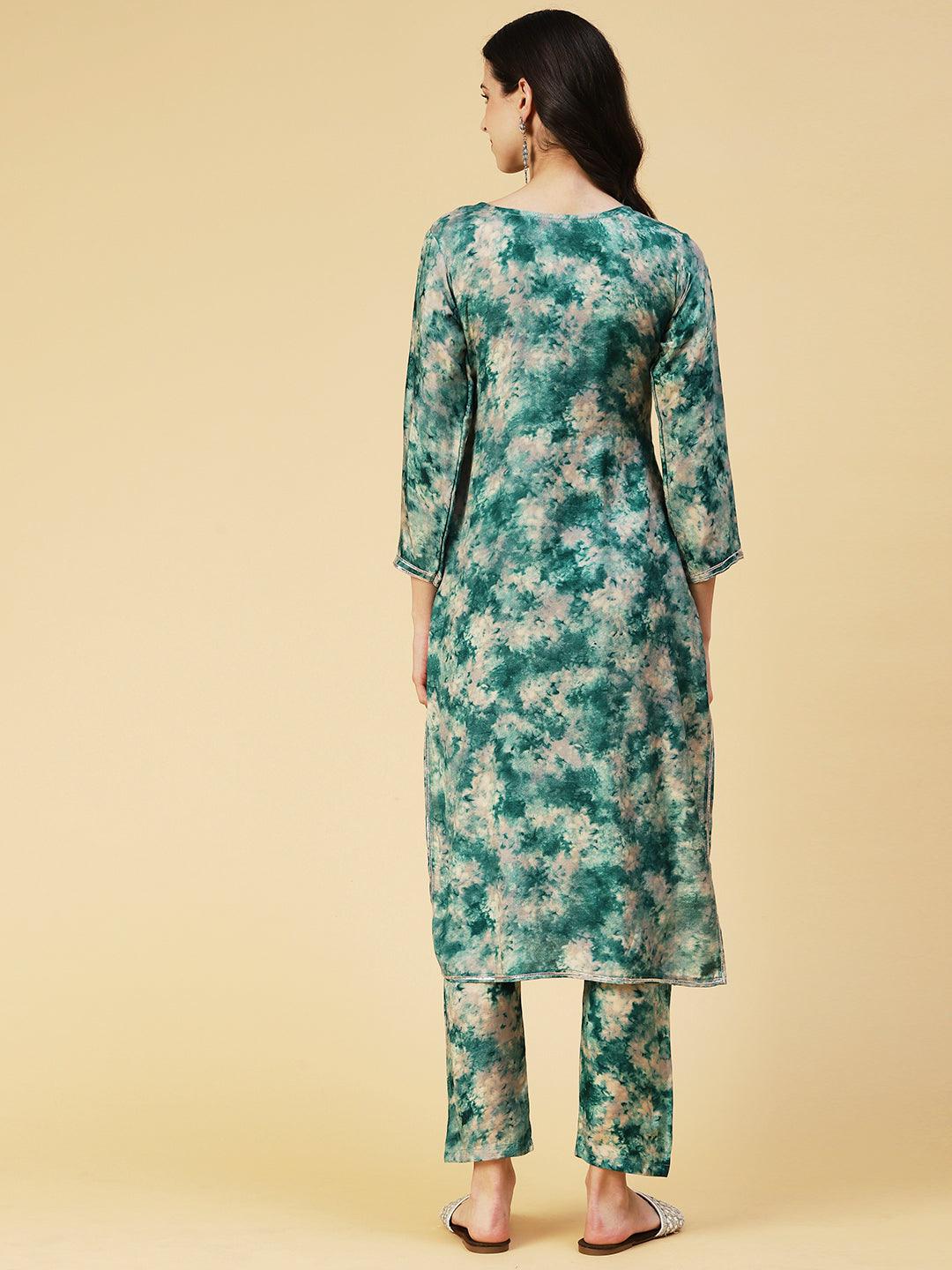 Tie-dyed Mirror Embroidered Kurta With Pants - Green - Indiakreations