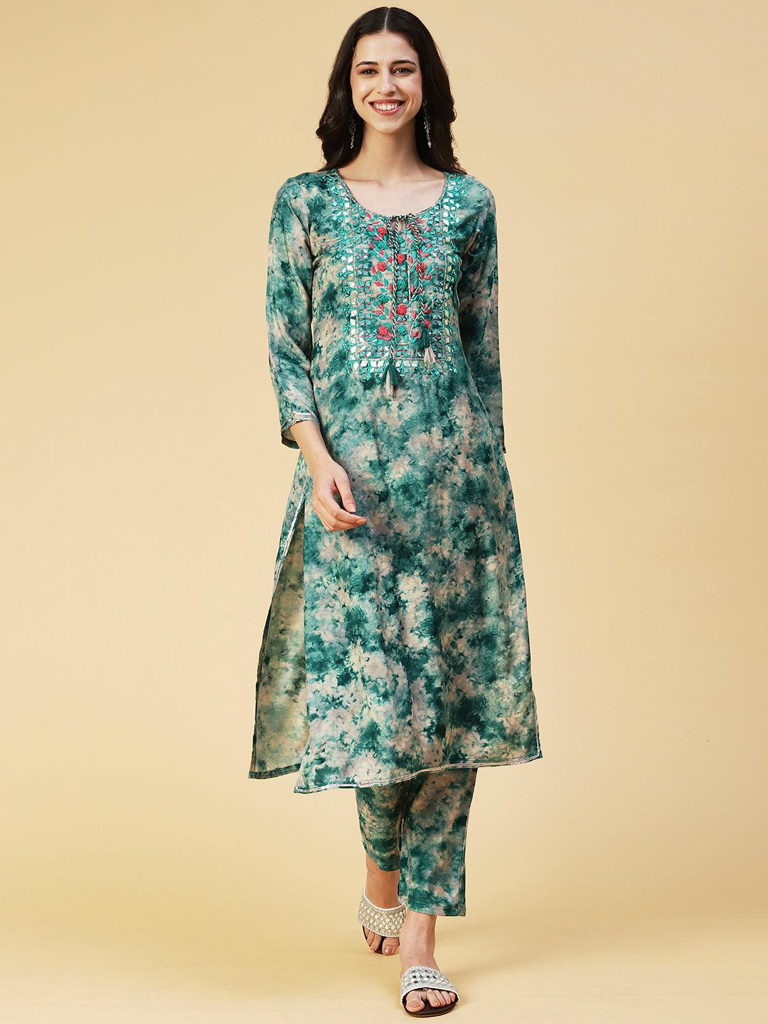 Tie-dyed Mirror Embroidered Kurta With Pants - Green - Indiakreations