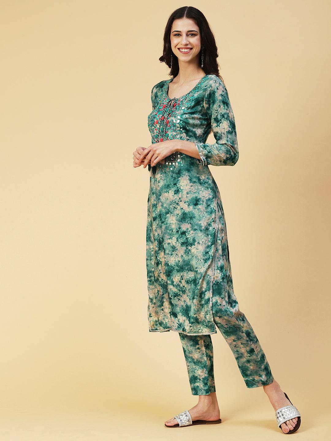 Tie-dyed Mirror Embroidered Kurta With Pants - Green - Indiakreations