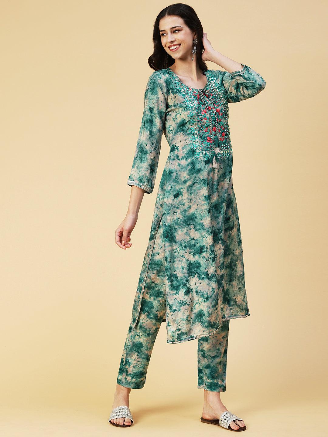 Tie-dyed Mirror Embroidered Kurta With Pants - Green - Indiakreations