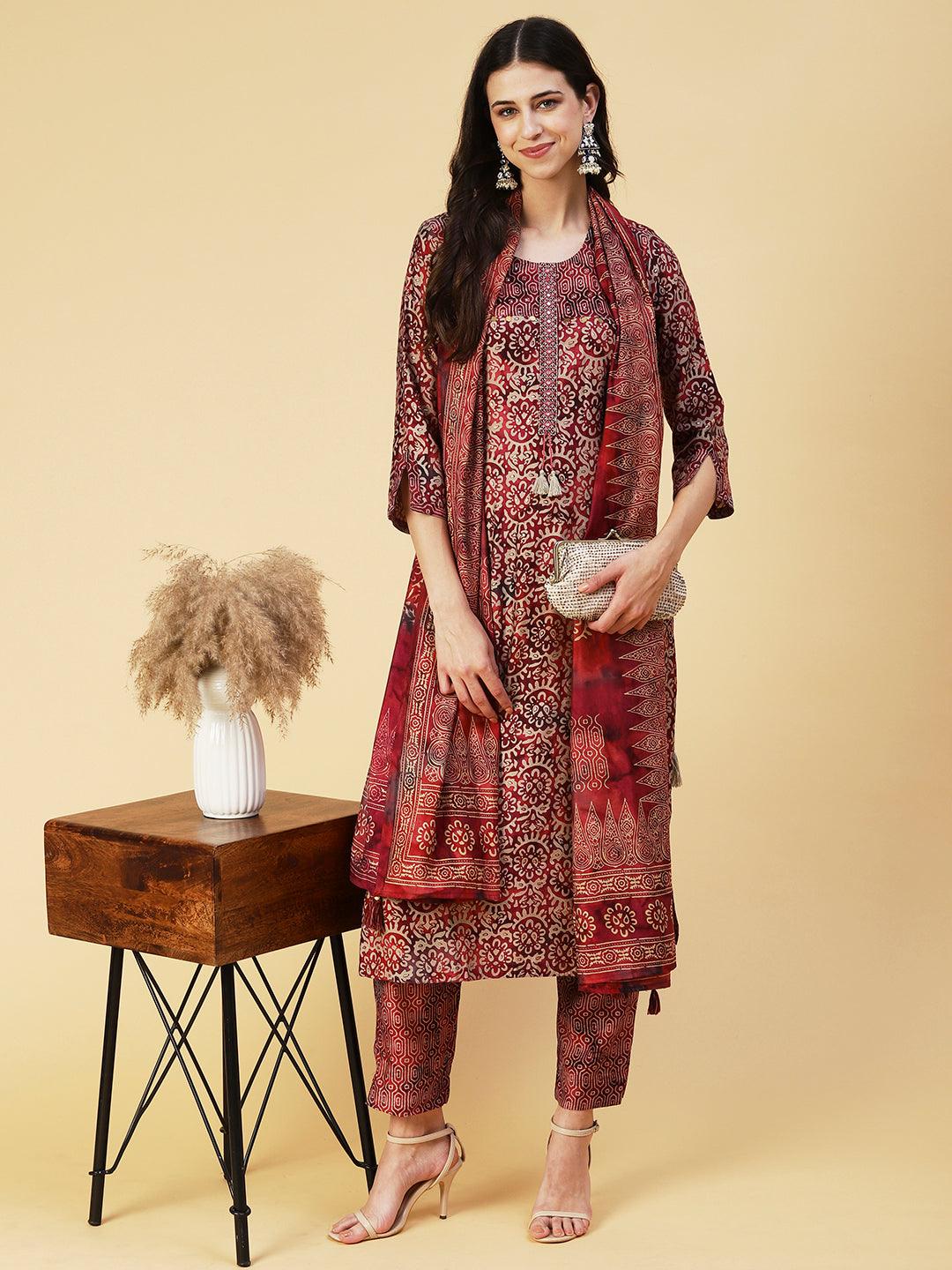 Abstract Printed Mirror Embroidered Kurta With Pants & Dupatta - Maroon - Indiakreations