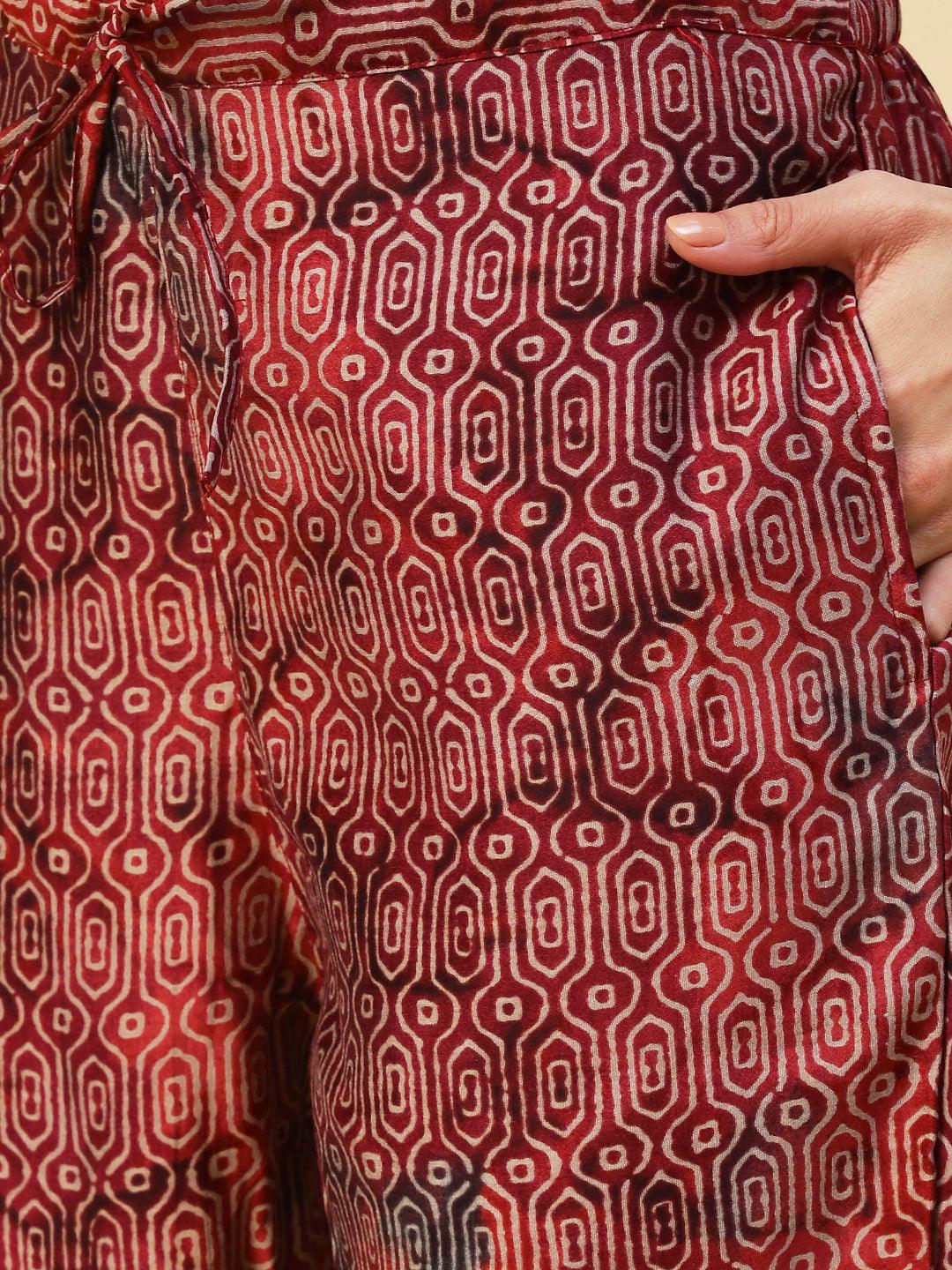 Abstract Printed Mirror Embroidered Kurta With Pants & Dupatta - Maroon - Indiakreations