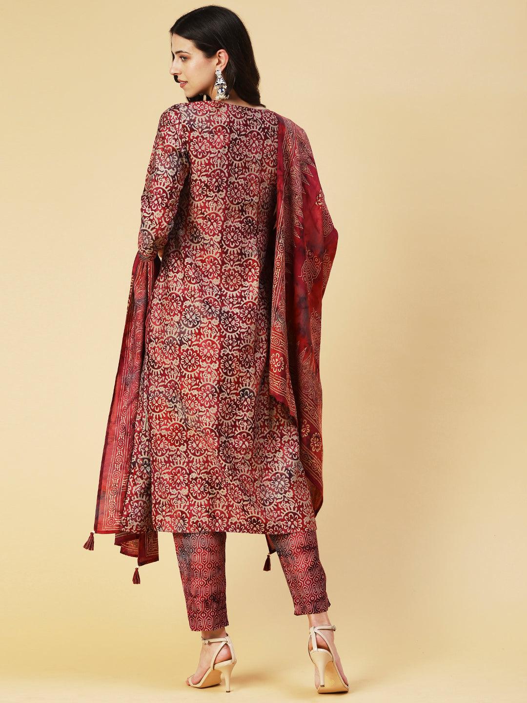 Abstract Printed Mirror Embroidered Kurta With Pants & Dupatta - Maroon - Indiakreations