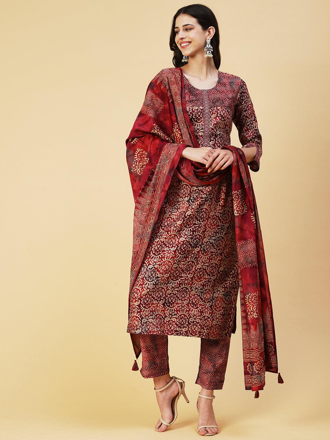 Abstract Printed Mirror Embroidered Kurta With Pants & Dupatta - Maroon - Indiakreations