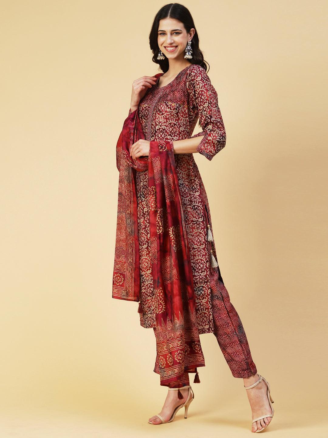 Abstract Printed Mirror Embroidered Kurta With Pants & Dupatta - Maroon - Indiakreations