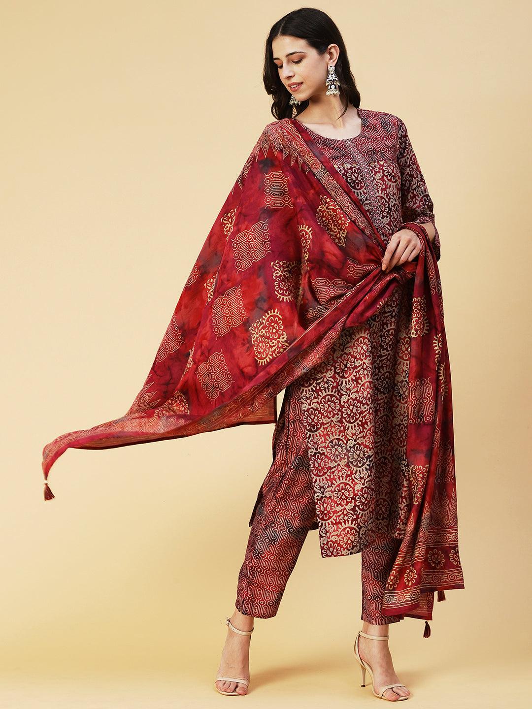 Abstract Printed Mirror Embroidered Kurta With Pants & Dupatta - Maroon - Indiakreations