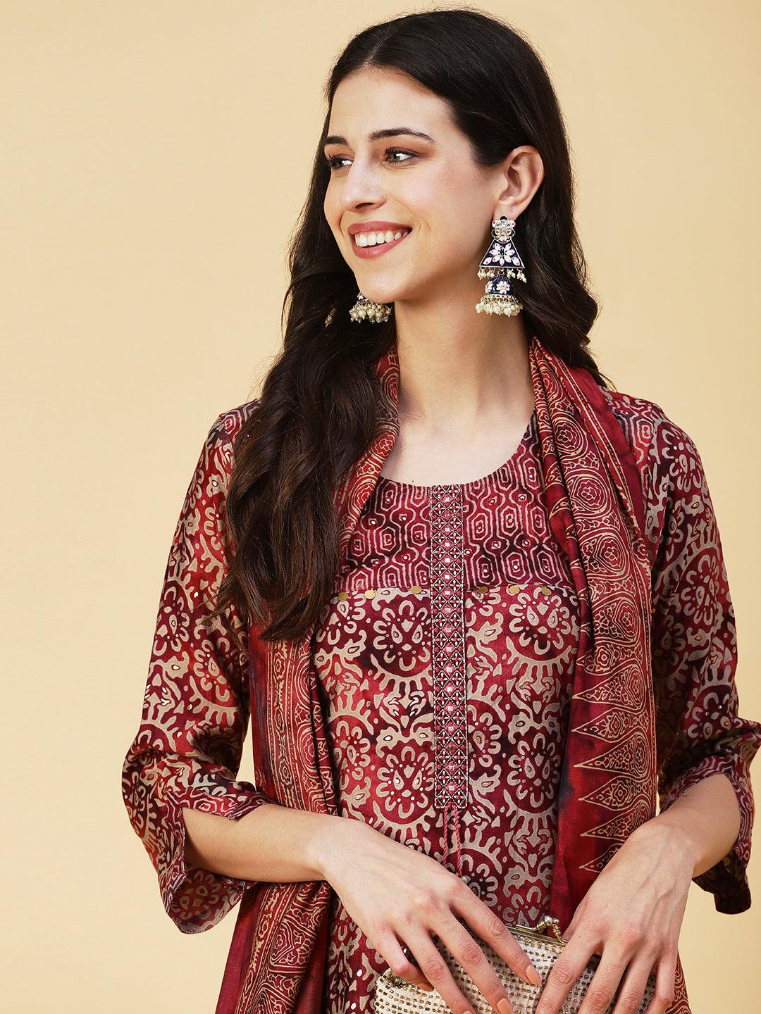 Abstract Printed Mirror Embroidered Kurta With Pants & Dupatta - Maroon - Indiakreations