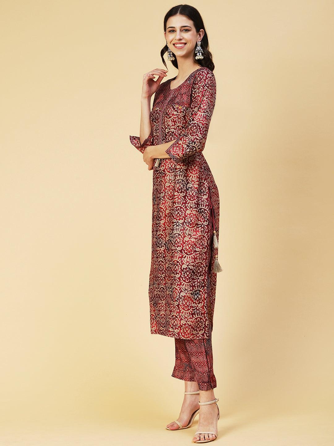 Abstract Printed Mirror Embroidered Kurta With Pants & Dupatta - Maroon - Indiakreations