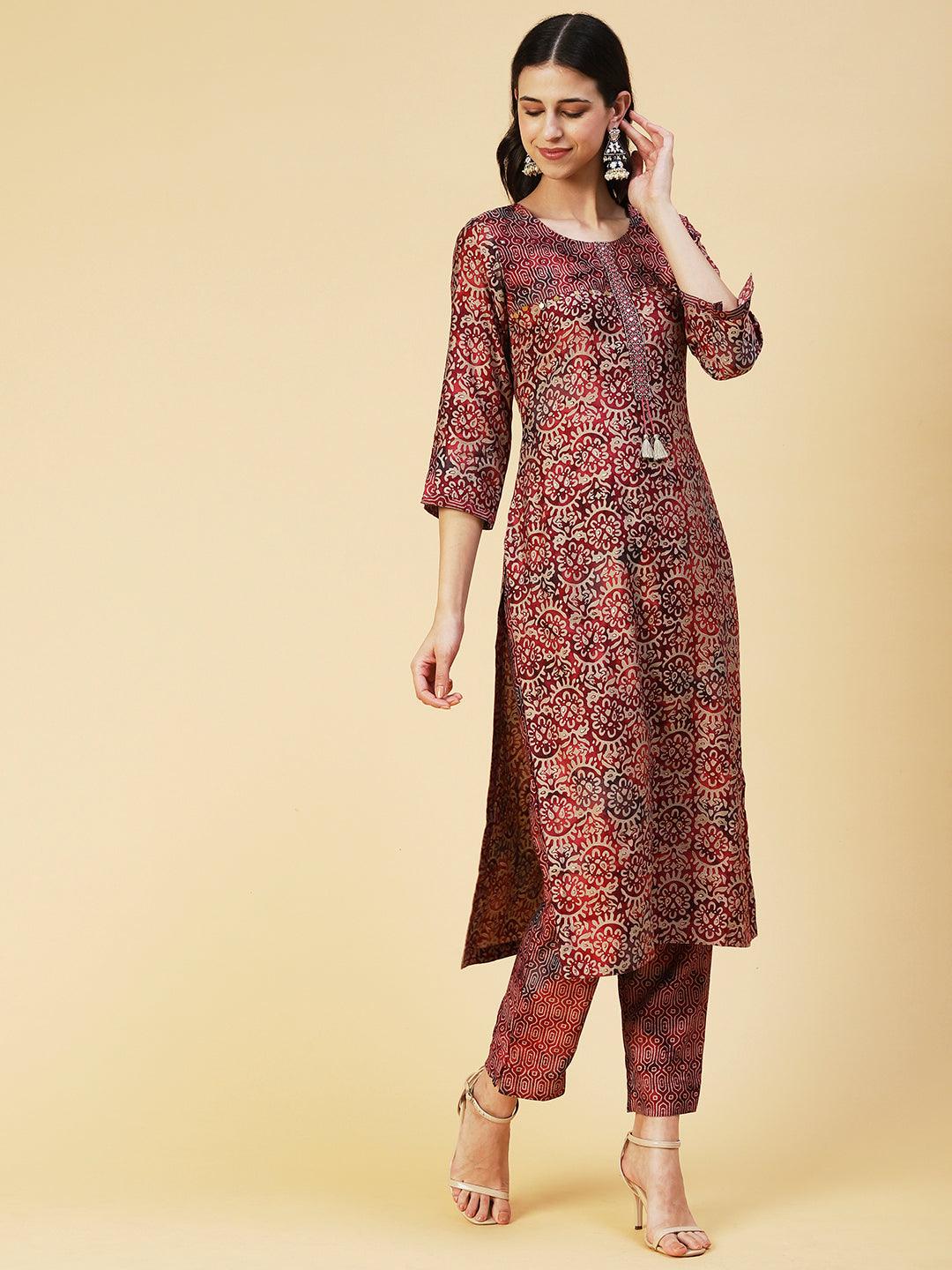 Abstract Printed Mirror Embroidered Kurta With Pants & Dupatta - Maroon - Indiakreations