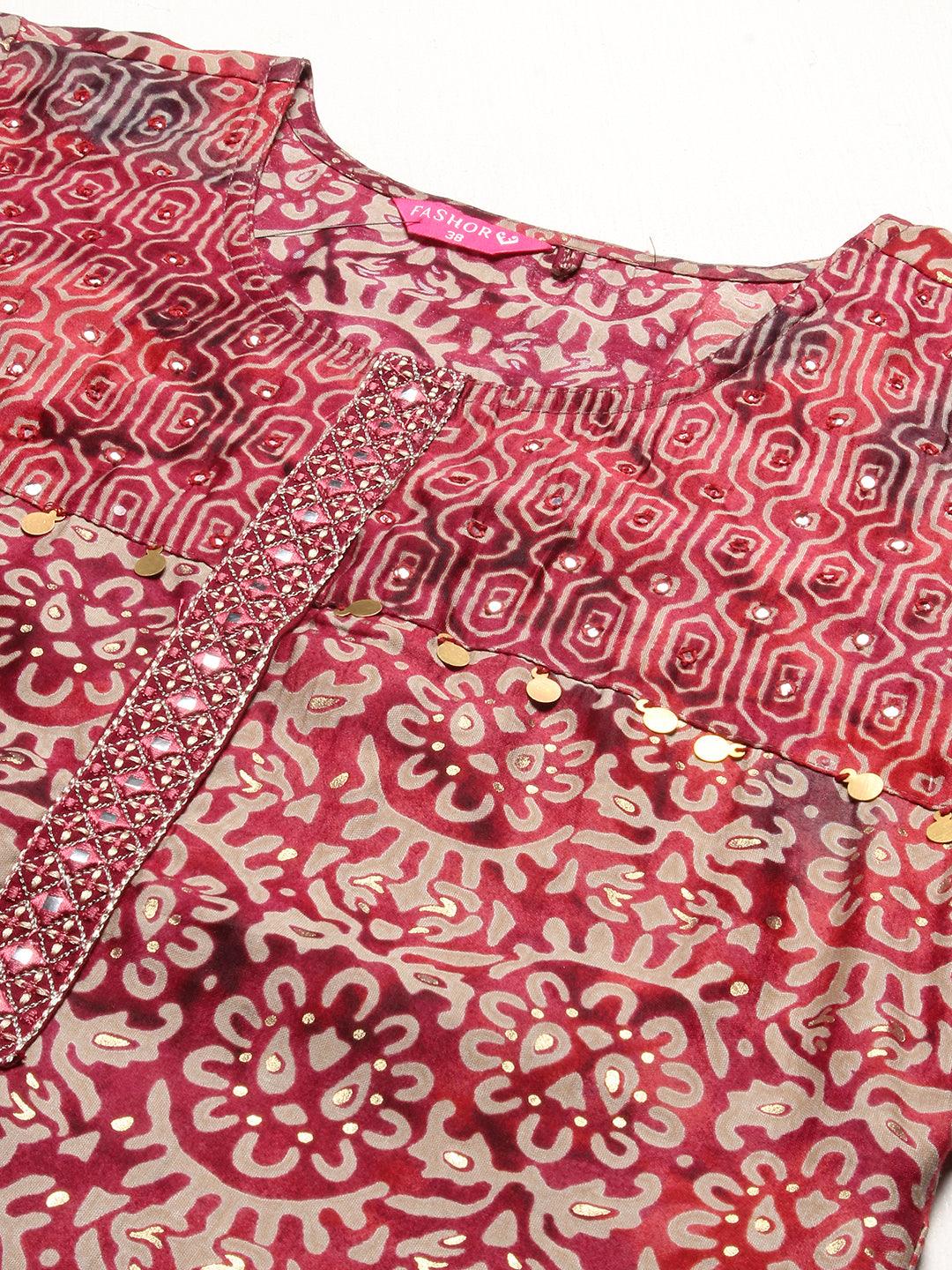 Abstract Printed Mirror Embroidered Kurta With Pants & Dupatta - Maroon - Indiakreations