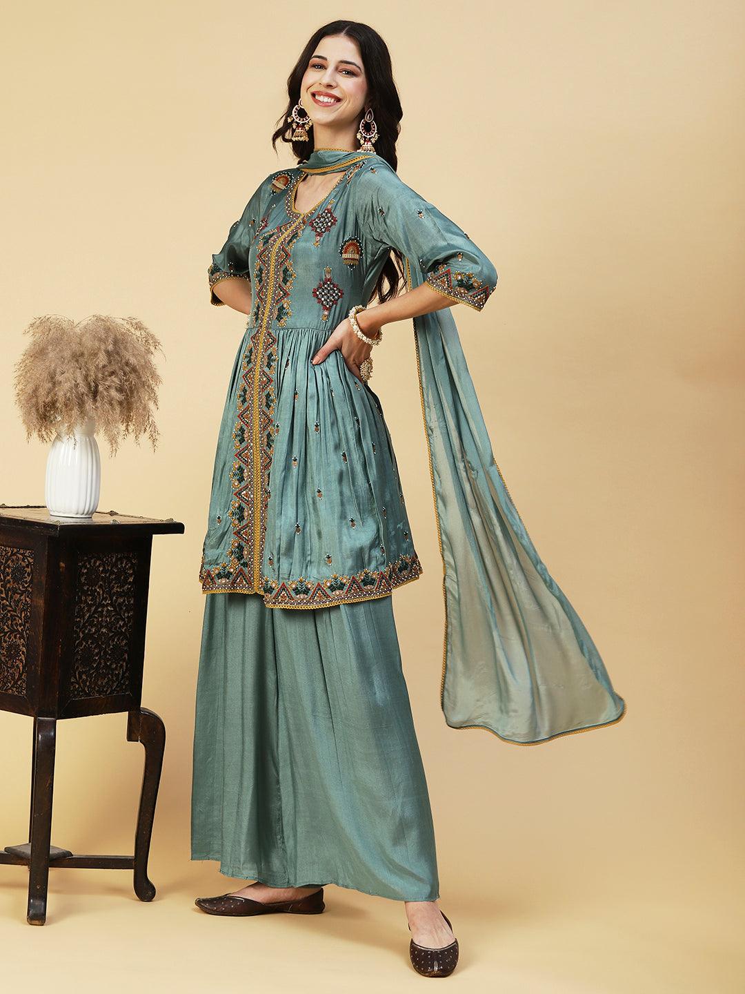 Ethnic Embroidered A-line Kurta with Palazzo & Dupatta - Green - Indiakreations