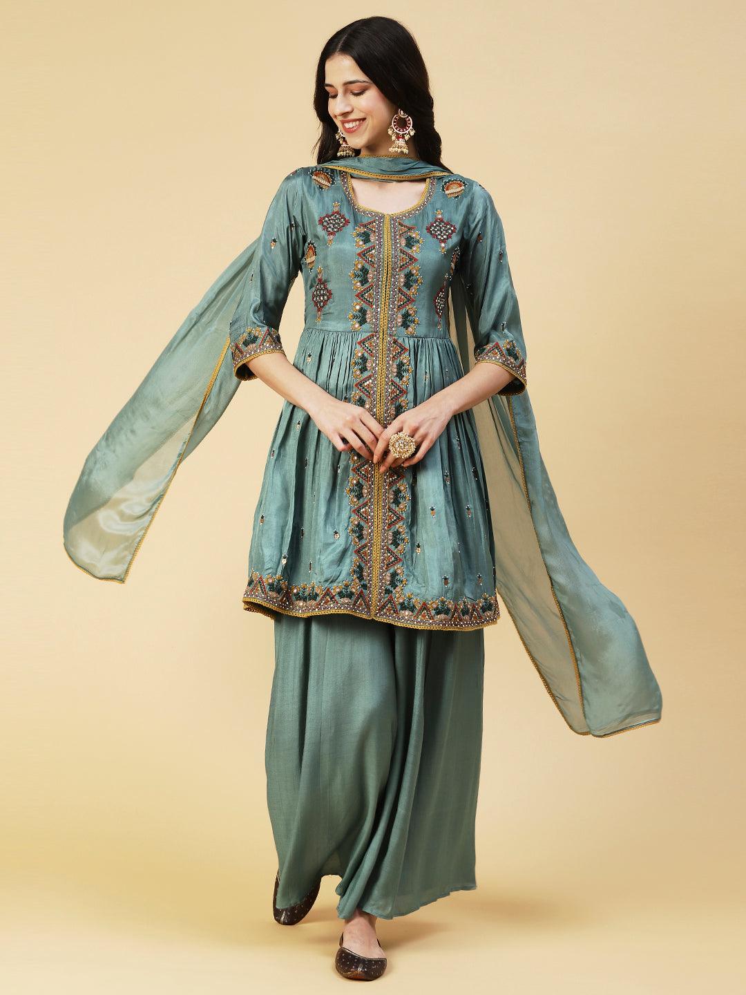 Ethnic Embroidered A-line Kurta with Palazzo & Dupatta - Green - Indiakreations