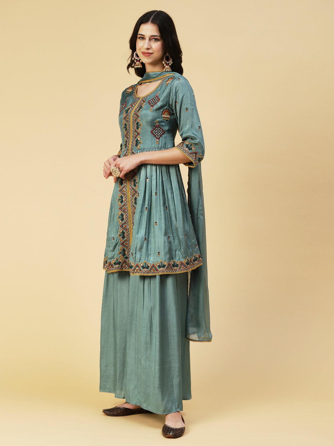 Ethnic Embroidered A-line Kurta with Palazzo & Dupatta - Green - Indiakreations