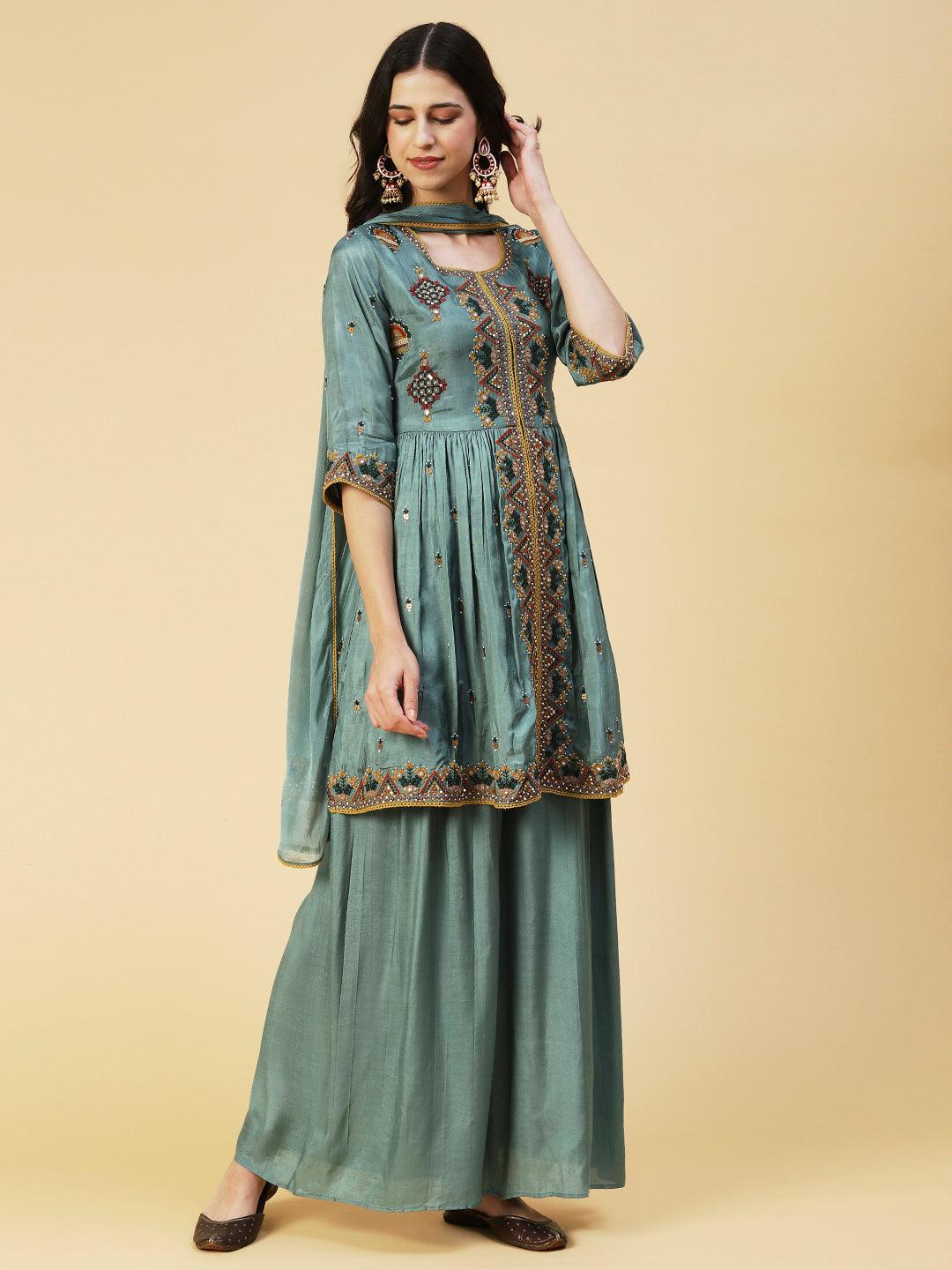 Ethnic Embroidered A-line Kurta with Palazzo & Dupatta - Green - Indiakreations