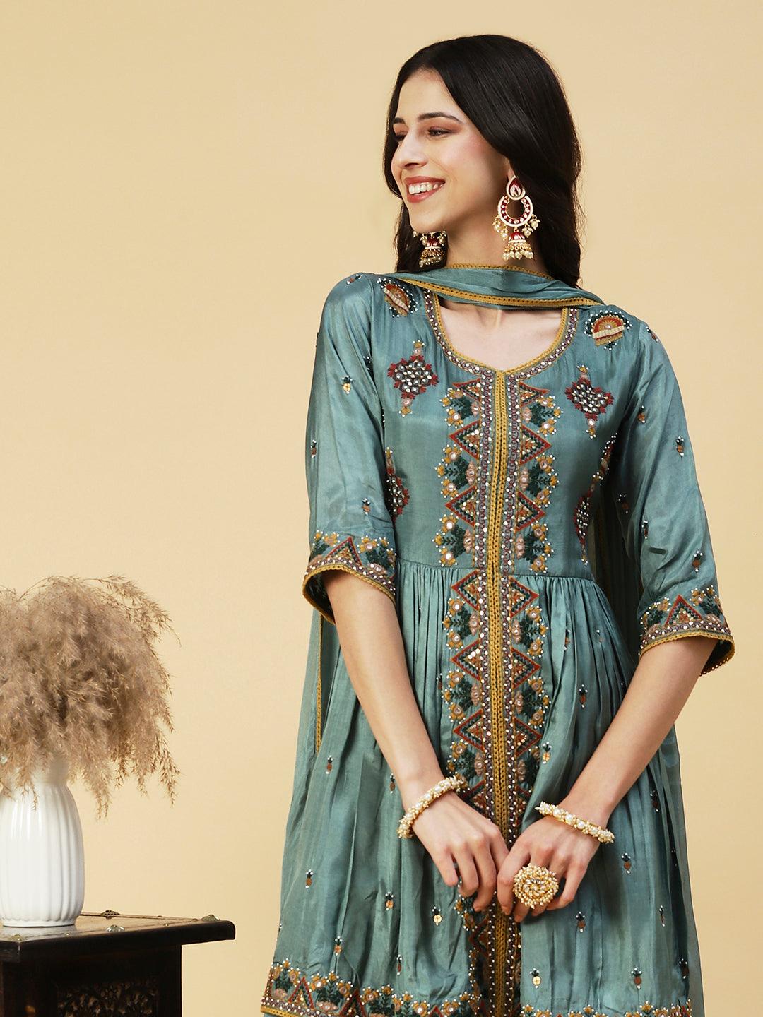 Ethnic Embroidered A-line Kurta with Palazzo & Dupatta - Green - Indiakreations