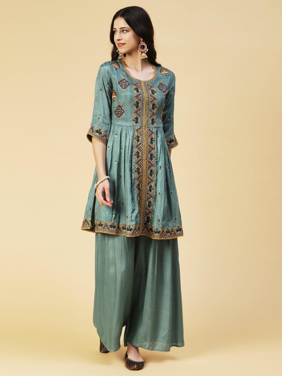 Ethnic Embroidered A-line Kurta with Palazzo & Dupatta - Green - Indiakreations