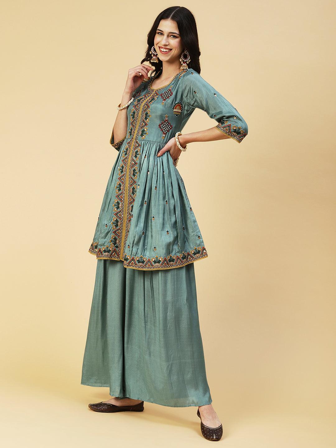 Ethnic Embroidered A-line Kurta with Palazzo & Dupatta - Green - Indiakreations