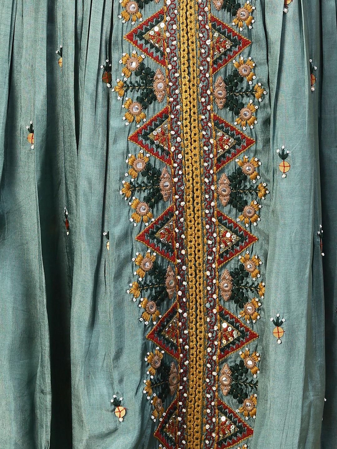 Ethnic Embroidered A-line Kurta with Palazzo & Dupatta - Green - Indiakreations