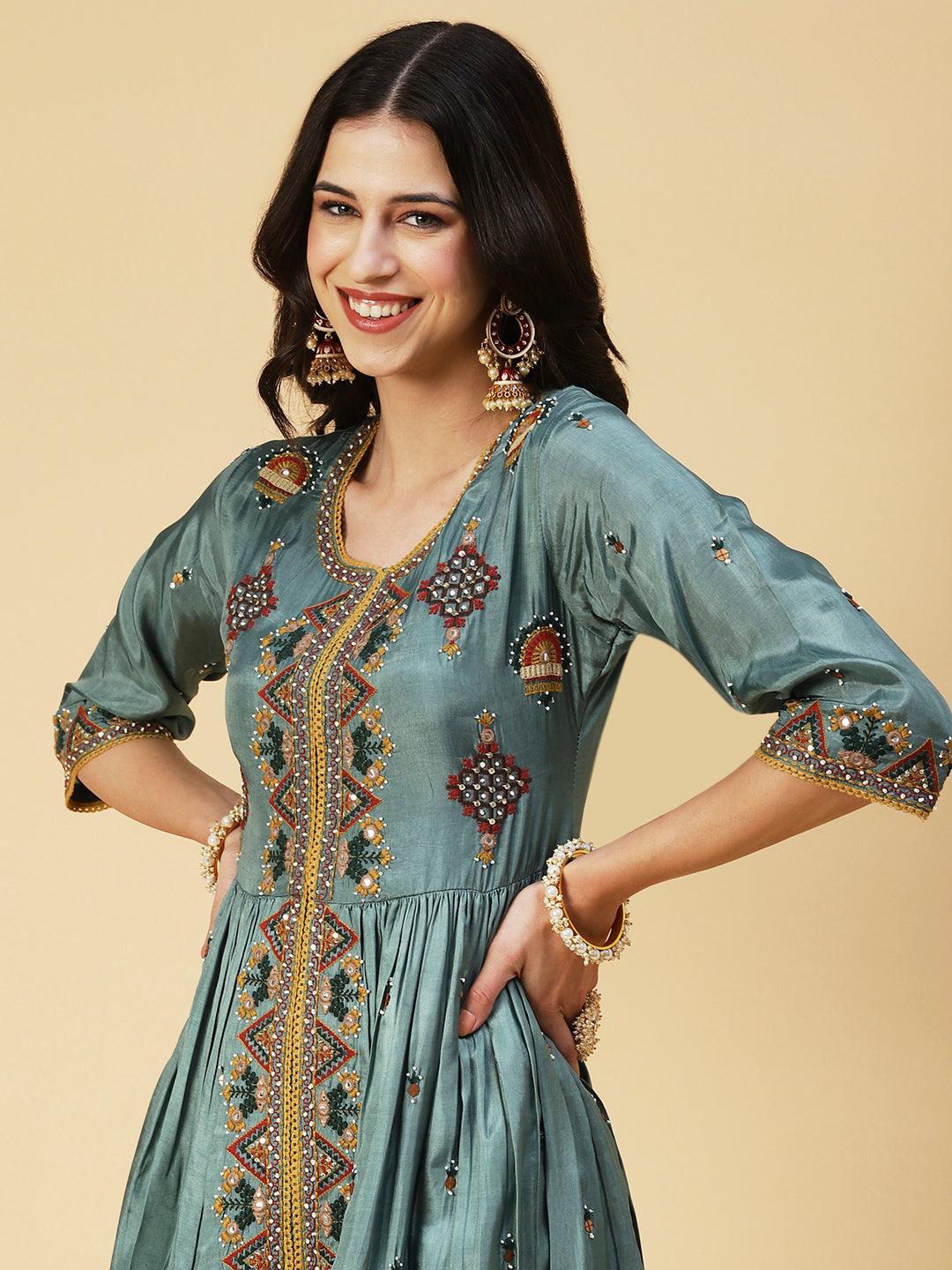 Ethnic Embroidered A-line Kurta with Palazzo & Dupatta - Green - Indiakreations