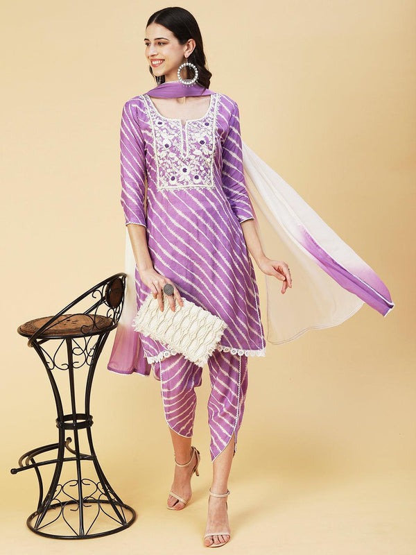 Lehriya Printed Hand Embroidered Kurta With Pants & Dupatta - Lavender - Indiakreations