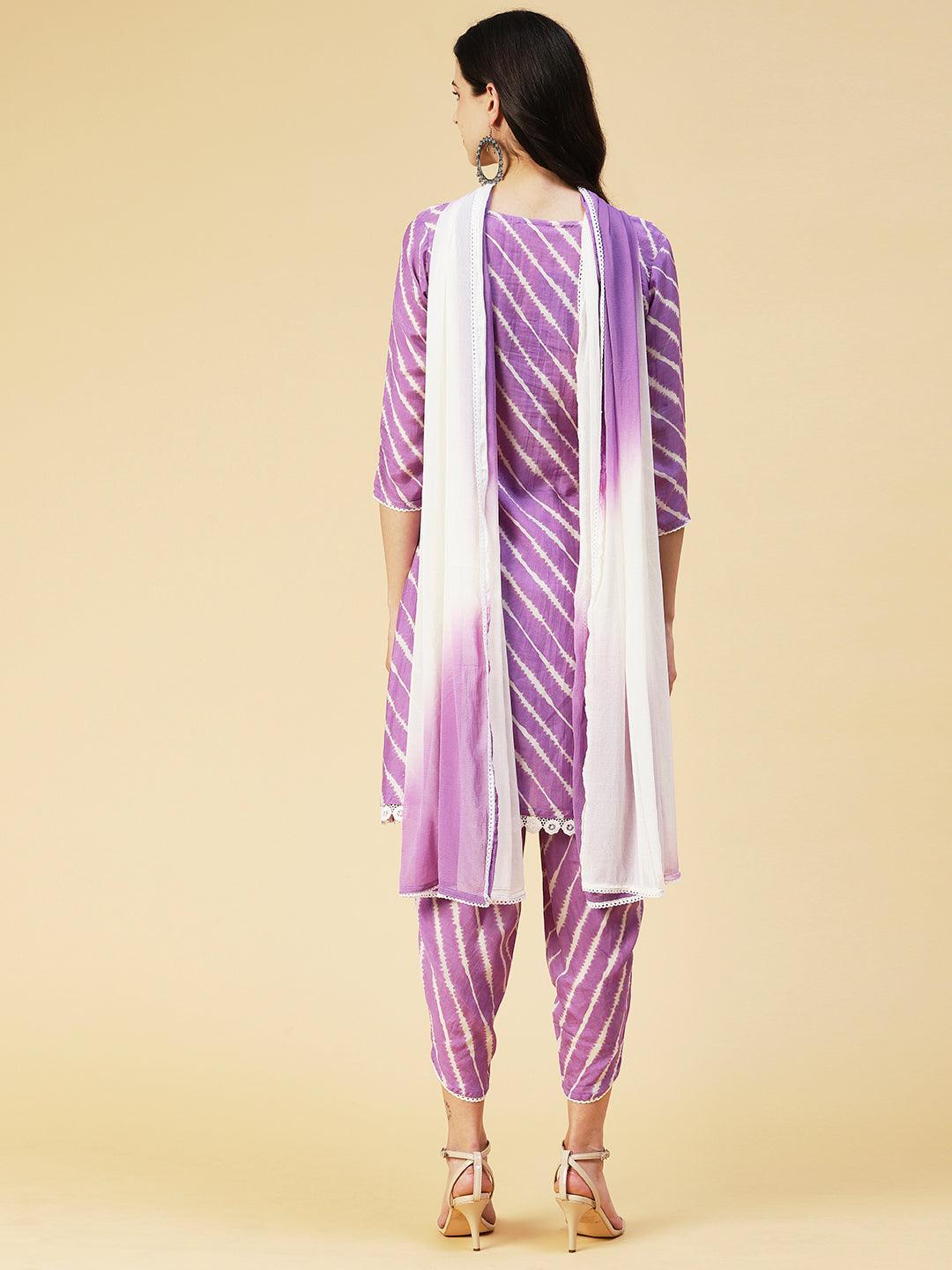 Lehriya Printed Hand Embroidered Kurta With Pants & Dupatta - Lavender - Indiakreations