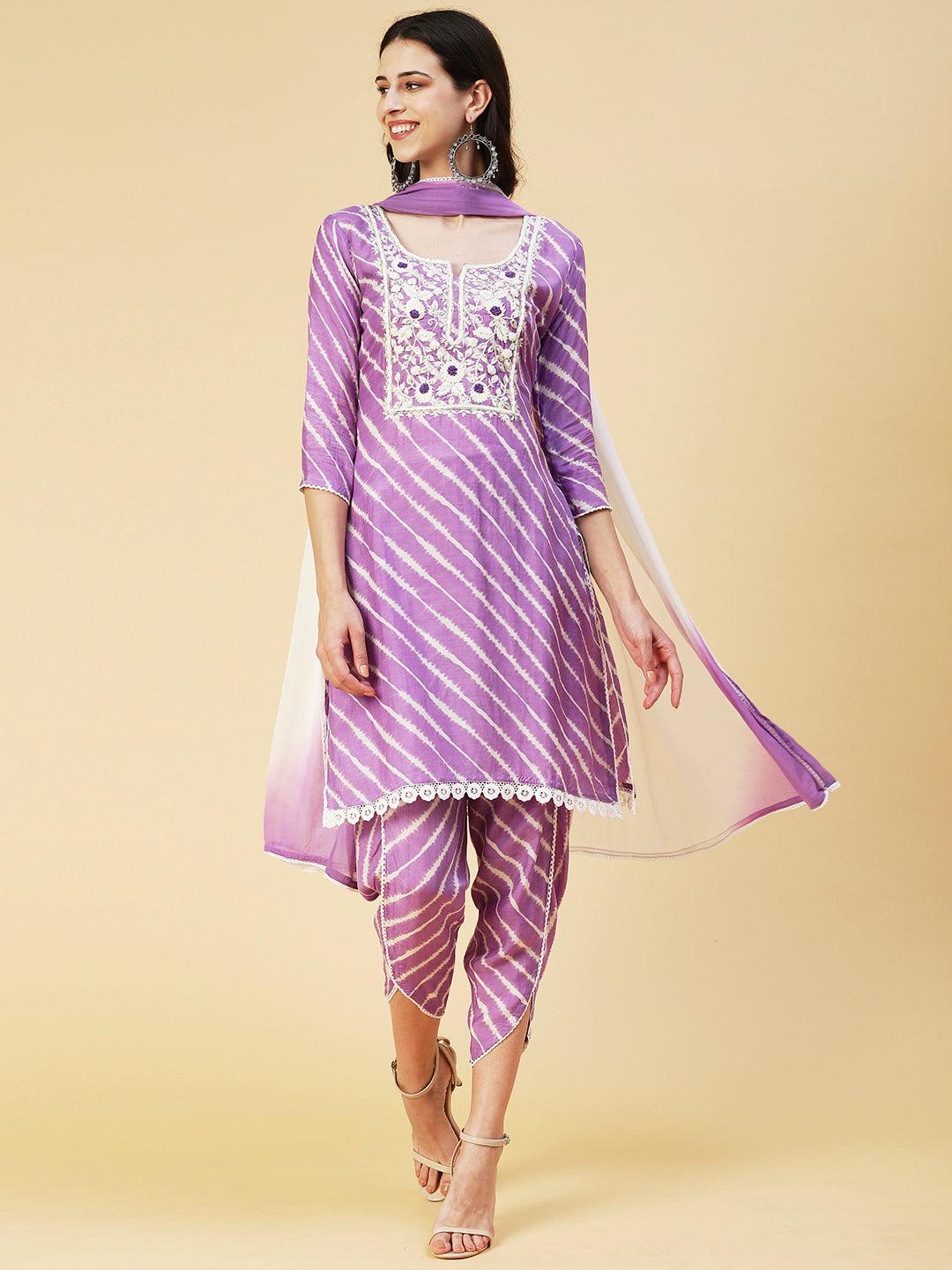 Lehriya Printed Hand Embroidered Kurta With Pants & Dupatta - Lavender - Indiakreations