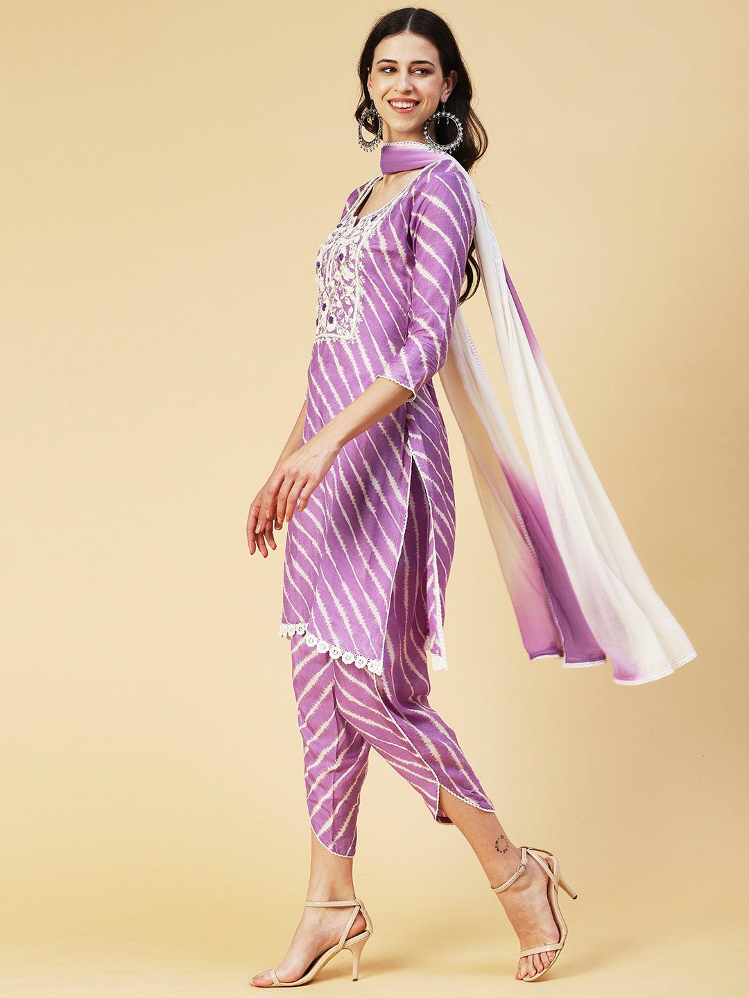 Lehriya Printed Hand Embroidered Kurta With Pants & Dupatta - Lavender - Indiakreations