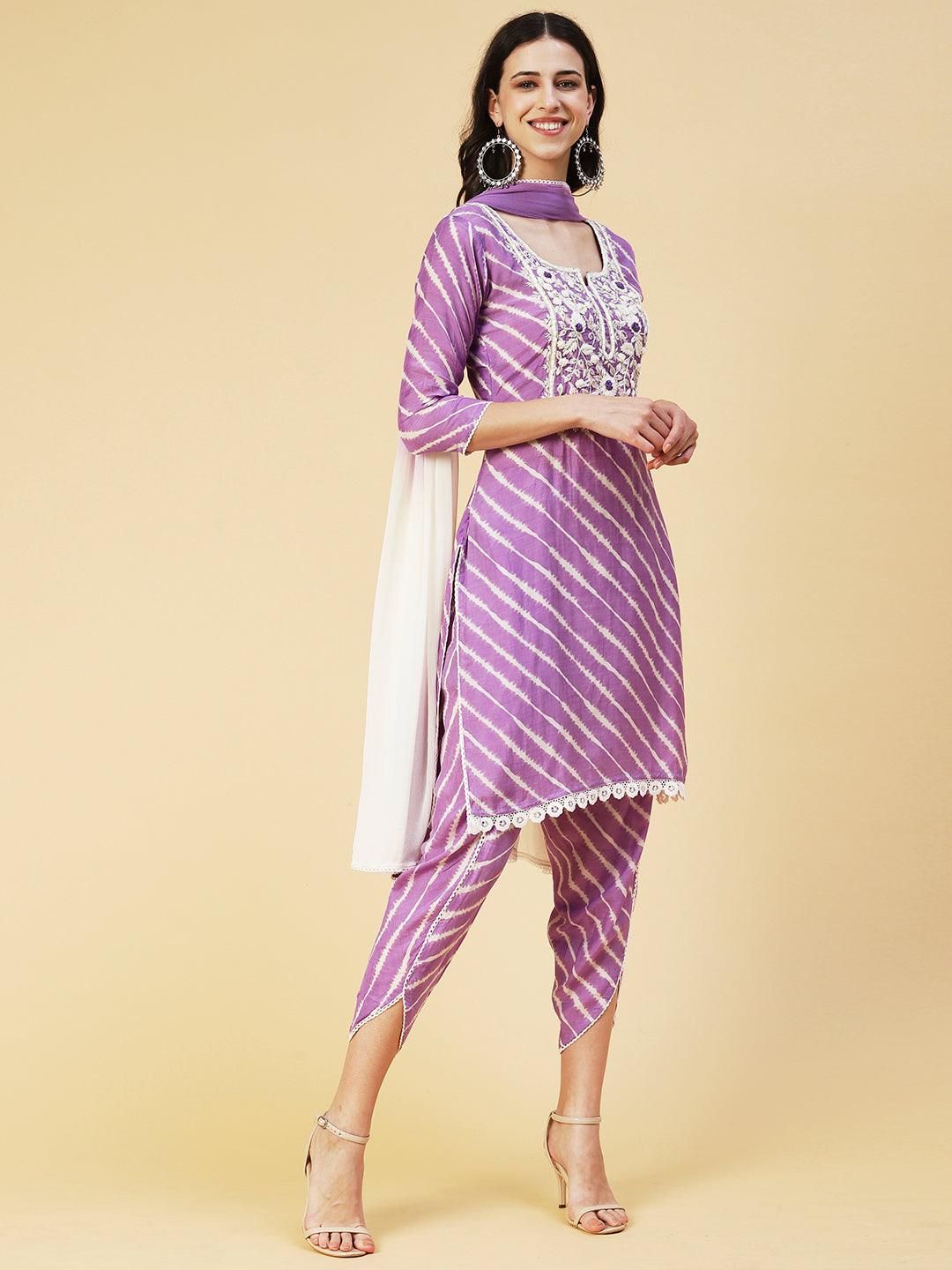 Lehriya Printed Hand Embroidered Kurta With Pants & Dupatta - Lavender - Indiakreations