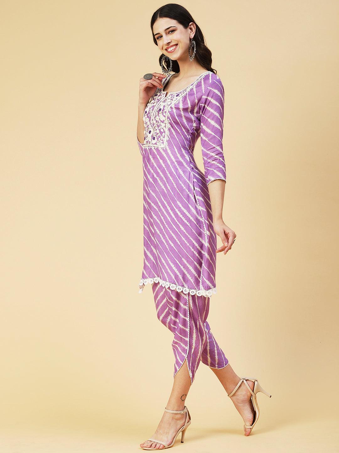 Lehriya Printed Hand Embroidered Kurta With Pants & Dupatta - Lavender - Indiakreations