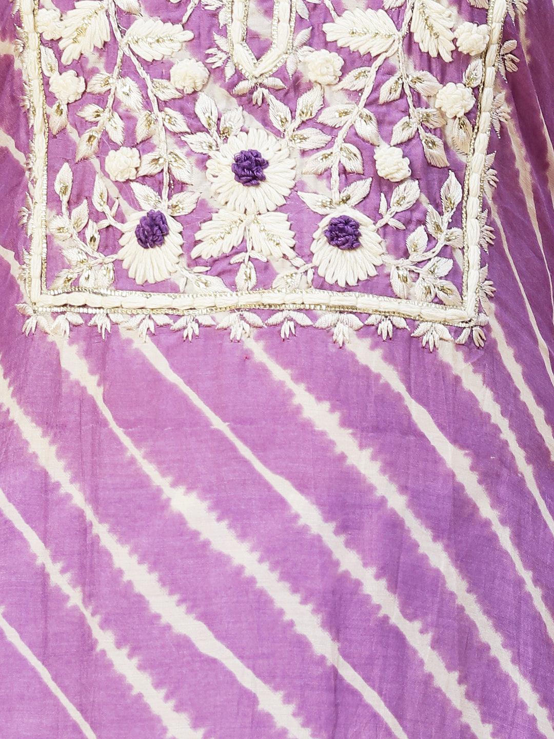 Lehriya Printed Hand Embroidered Kurta With Pants & Dupatta - Lavender - Indiakreations