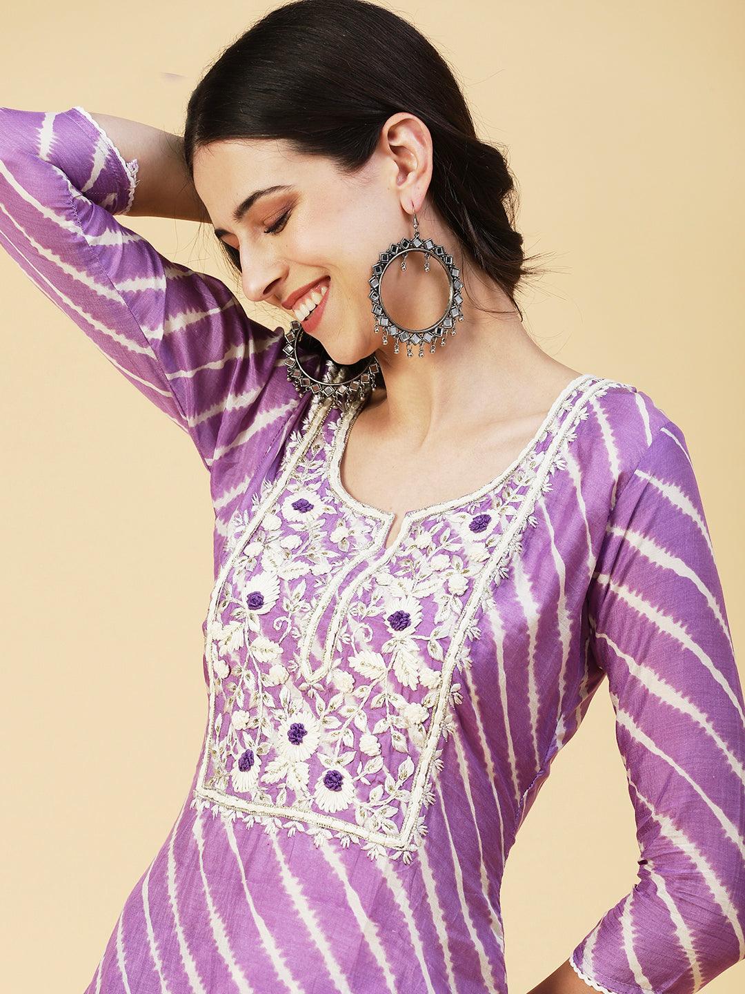 Lehriya Printed Hand Embroidered Kurta With Pants & Dupatta - Lavender - Indiakreations