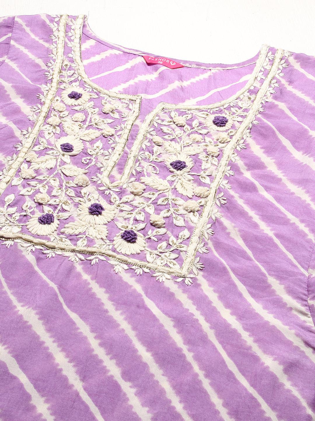 Lehriya Printed Hand Embroidered Kurta With Pants & Dupatta - Lavender - Indiakreations