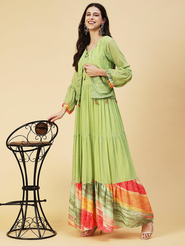 Ethnic Embroidered Tiered Fit & Flare Maxi Dress - Green - Indiakreations