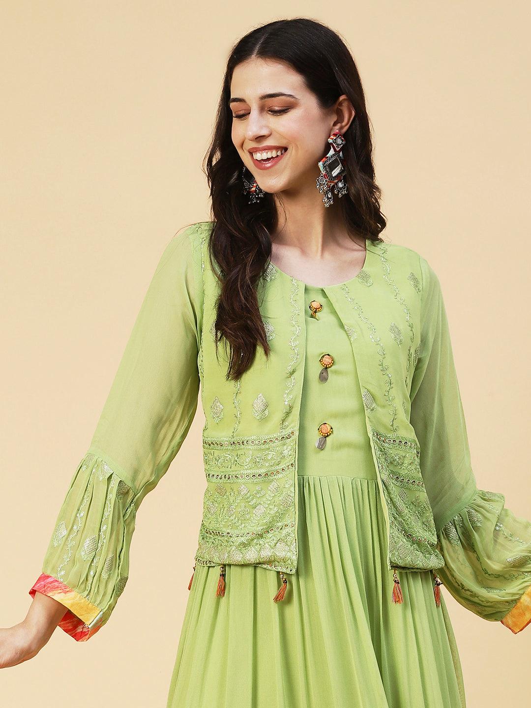 Ethnic Embroidered Tiered Fit & Flare Maxi Dress - Green - Indiakreations