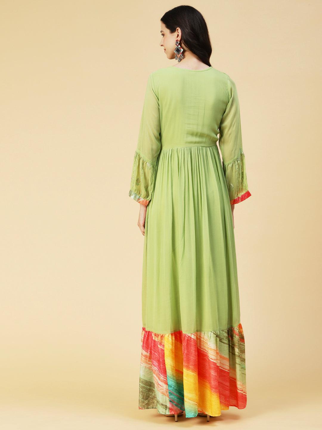 Ethnic Embroidered Tiered Fit & Flare Maxi Dress - Green - Indiakreations