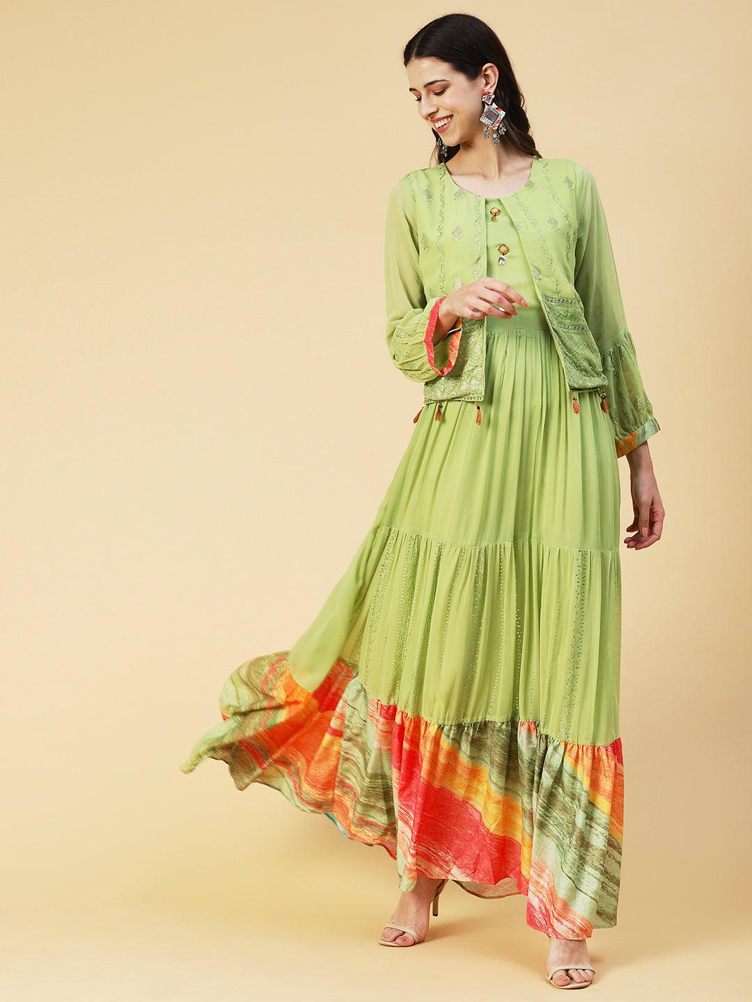 Ethnic Embroidered Tiered Fit & Flare Maxi Dress - Green - Indiakreations