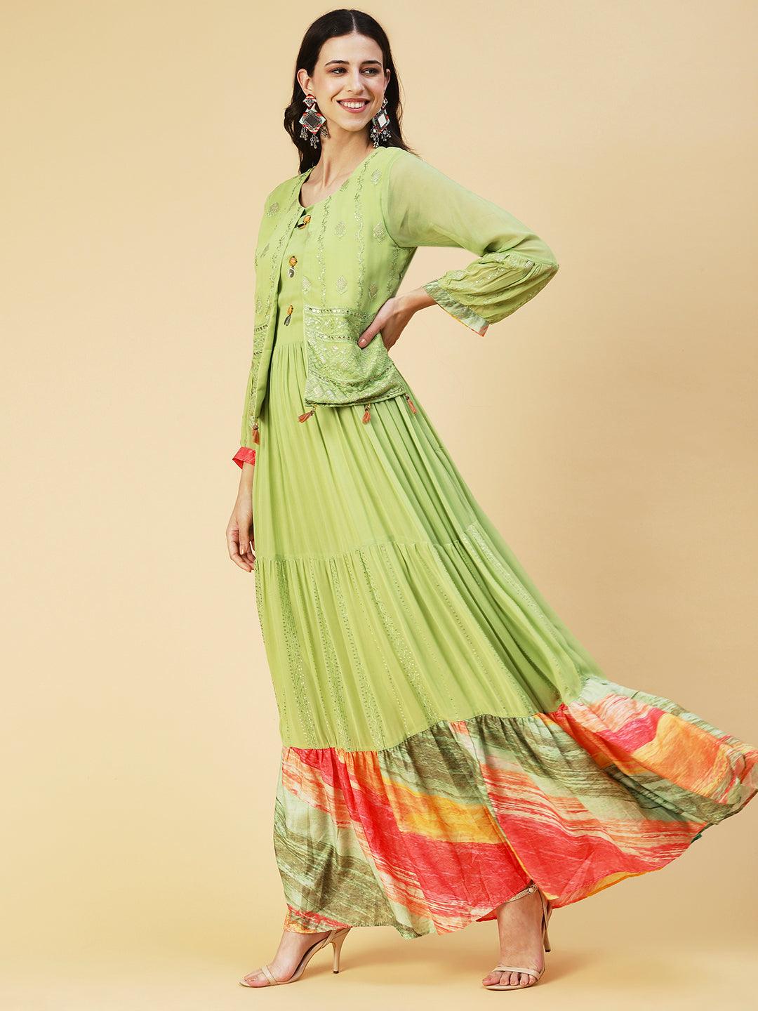 Ethnic Embroidered Tiered Fit & Flare Maxi Dress - Green - Indiakreations