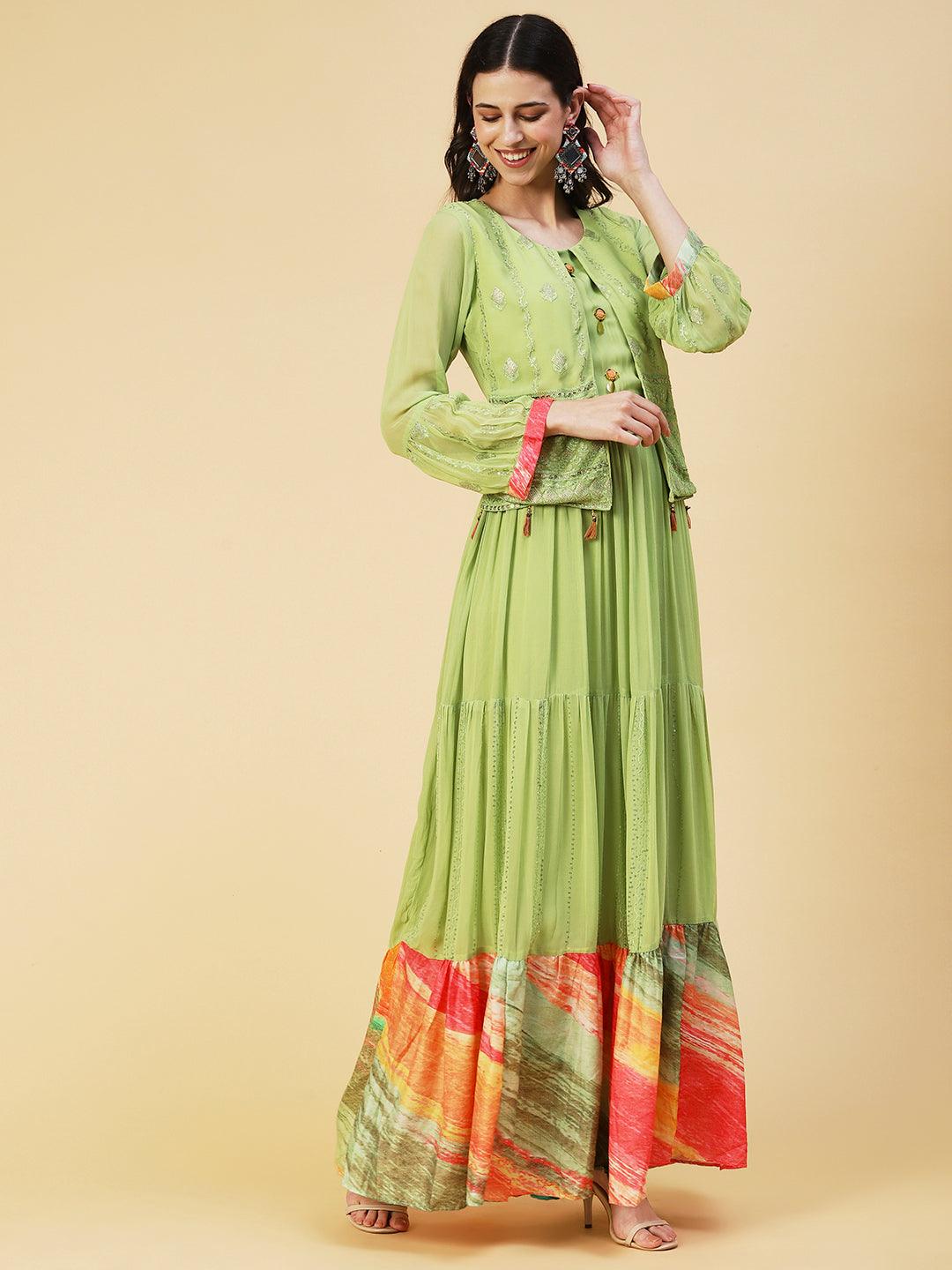 Ethnic Embroidered Tiered Fit & Flare Maxi Dress - Green - Indiakreations