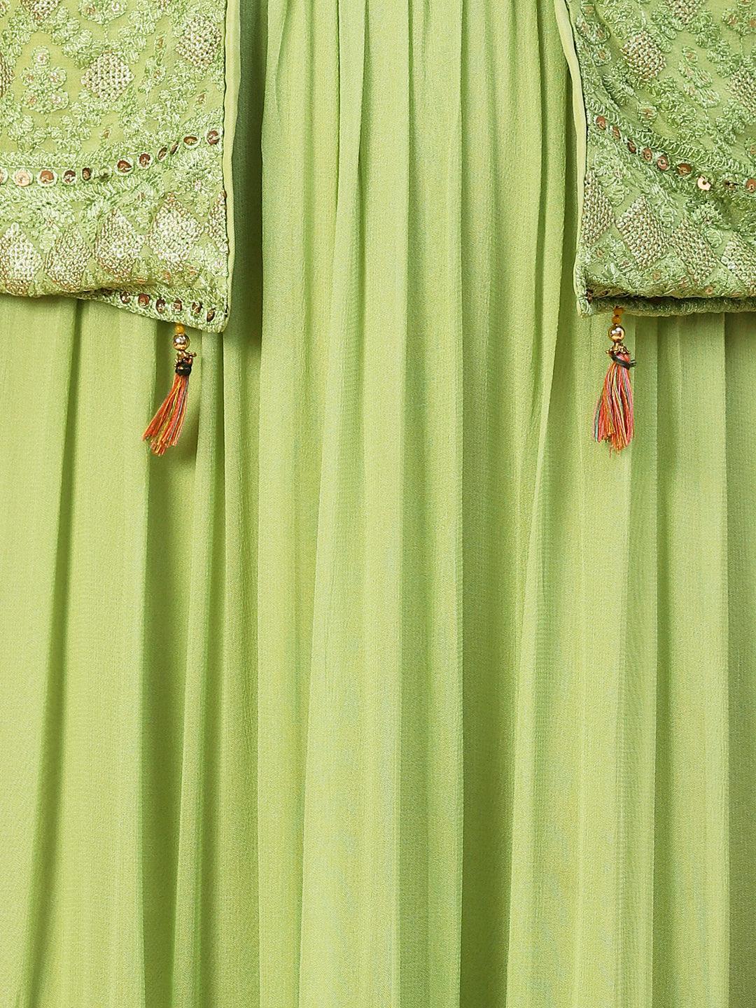 Ethnic Embroidered Tiered Fit & Flare Maxi Dress - Green - Indiakreations