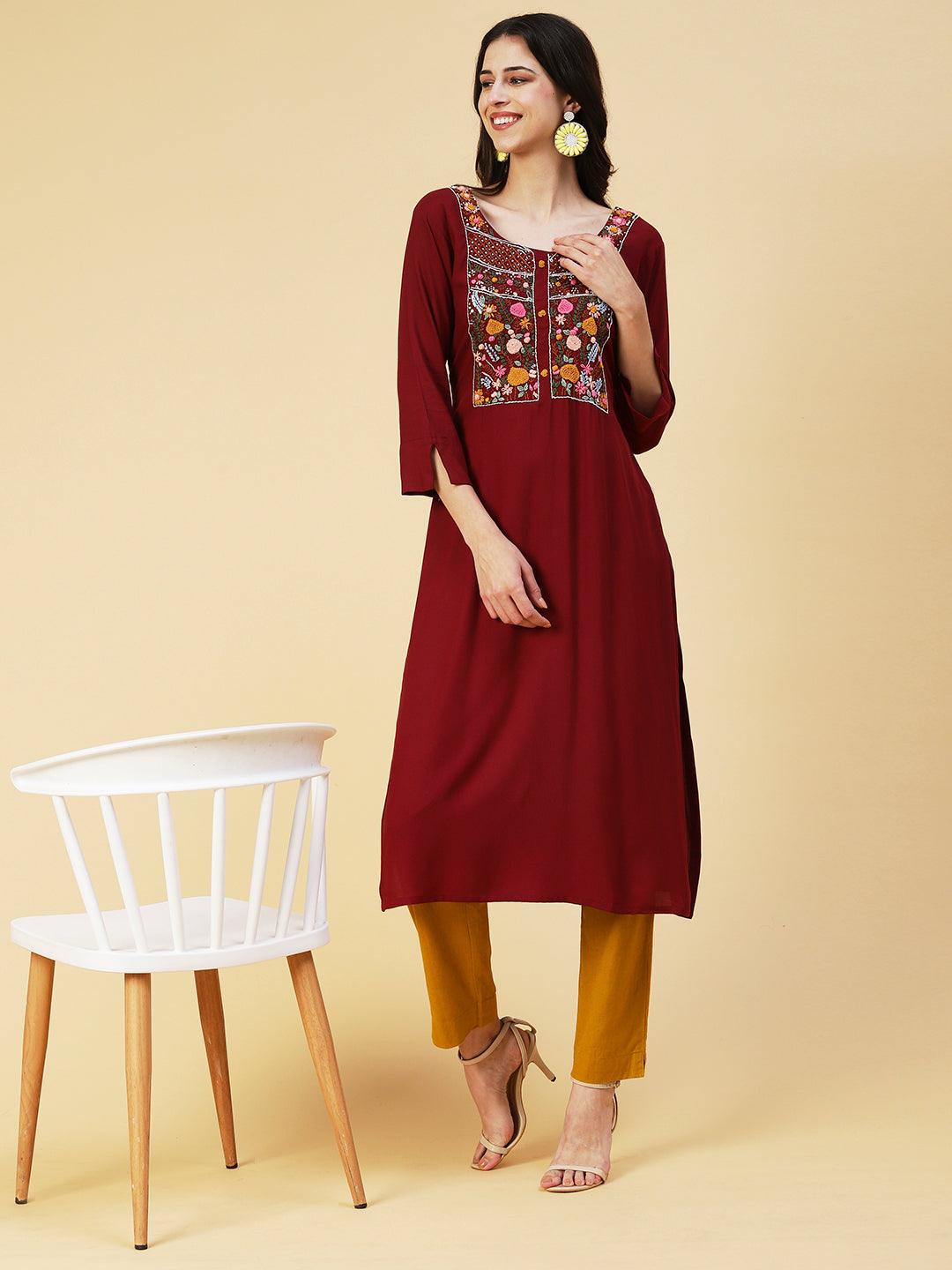 Solid Resham Embroidered Kurta - Maroon - Indiakreations