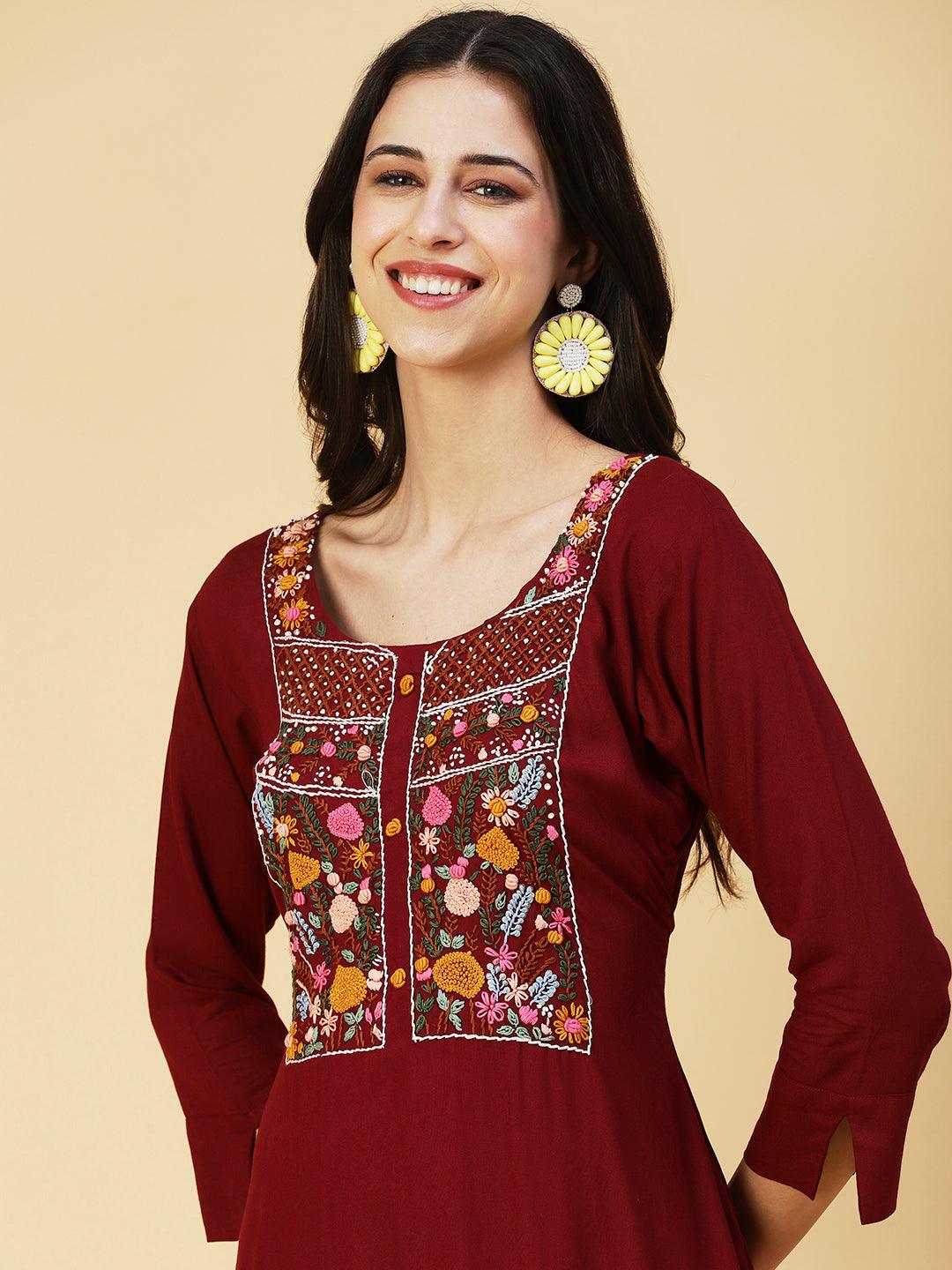 Solid Resham Embroidered Kurta - Maroon - Indiakreations