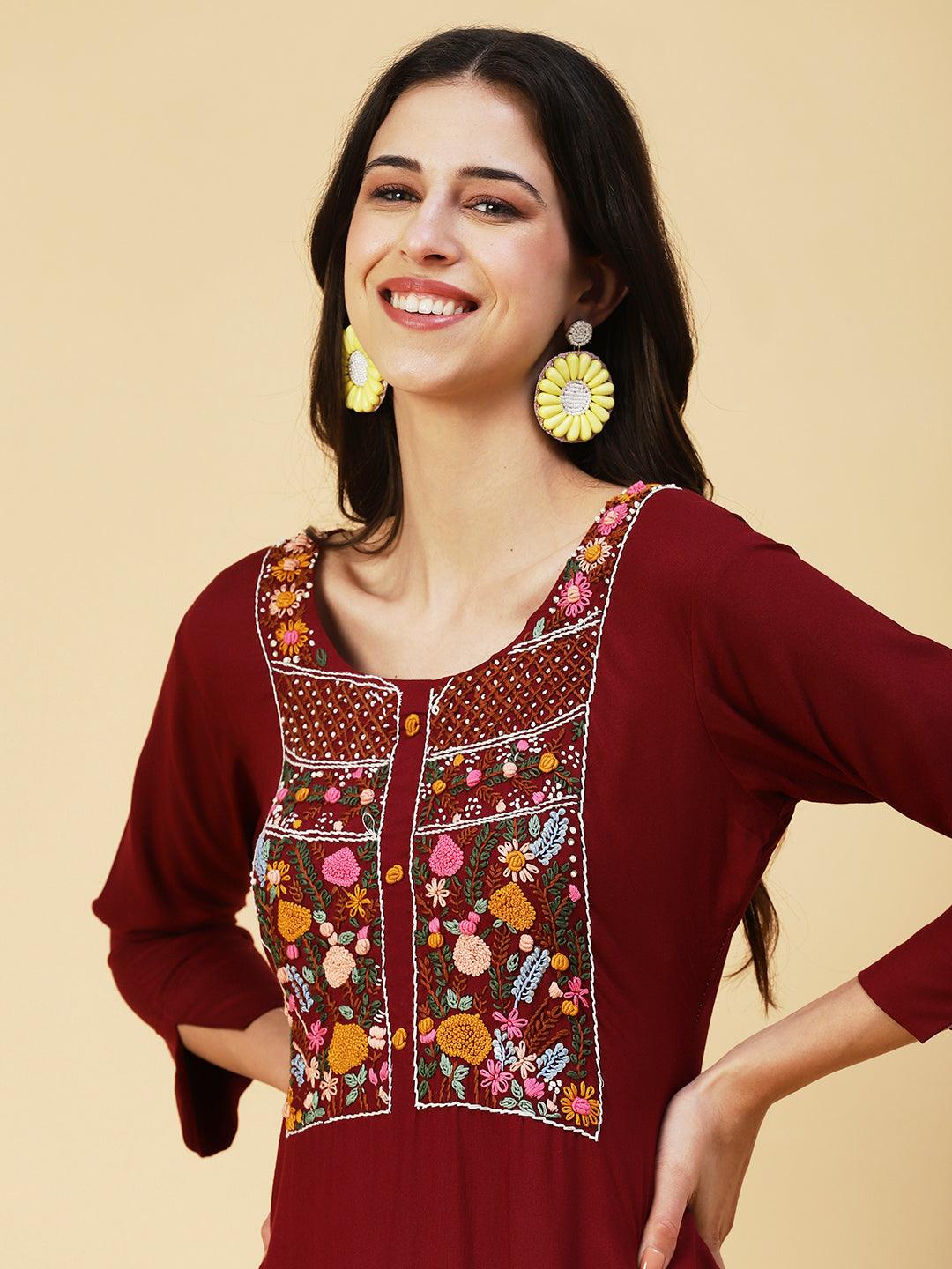 Solid Resham Embroidered Kurta - Maroon - Indiakreations