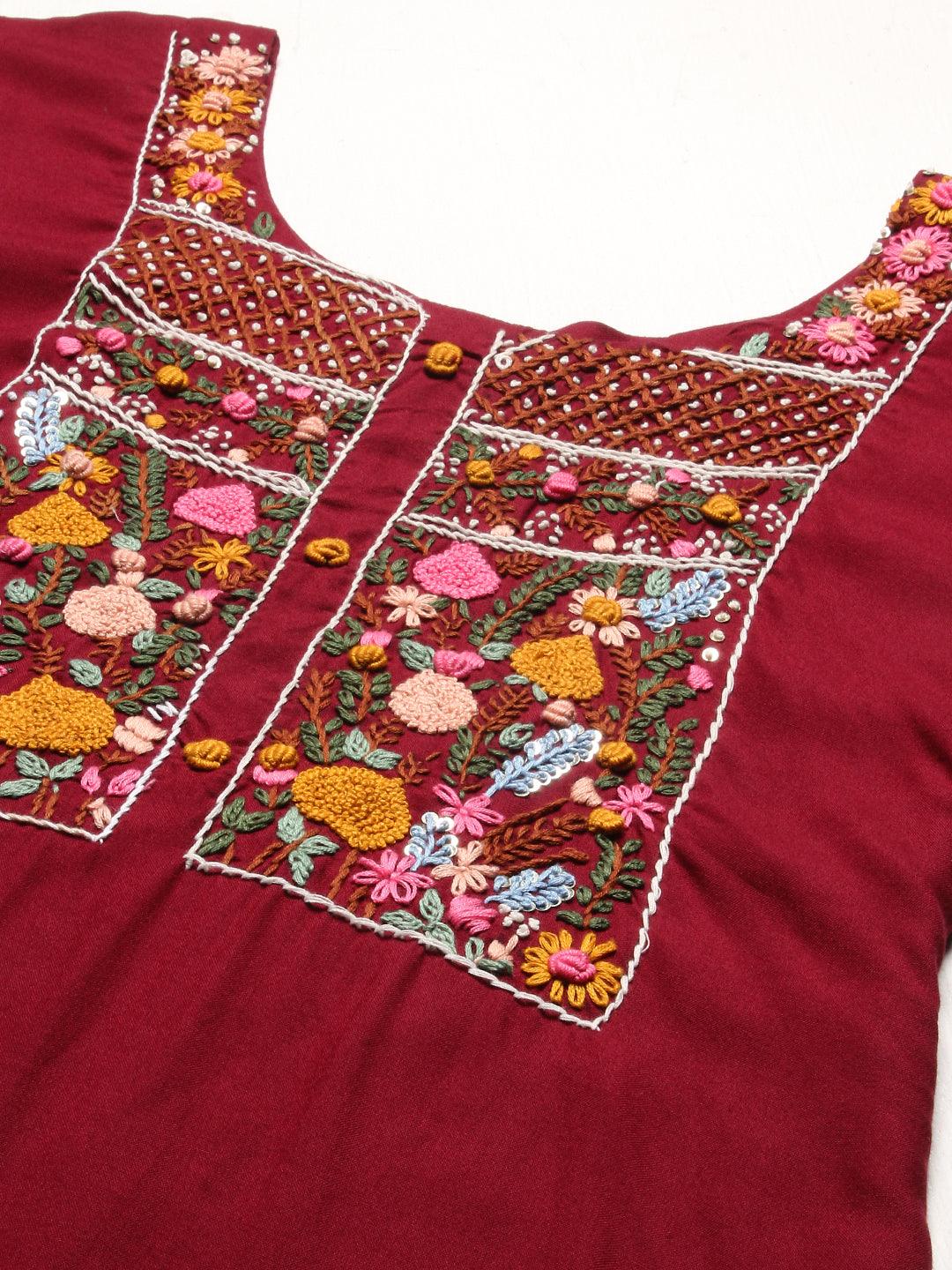 Solid Resham Embroidered Kurta - Maroon - Indiakreations