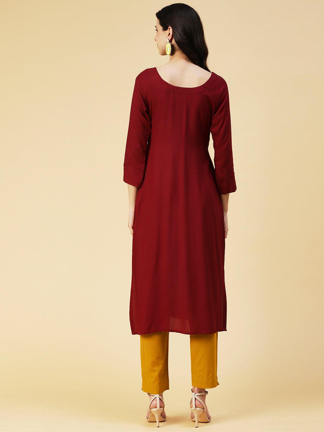 Solid Resham Embroidered Kurta - Maroon - Indiakreations