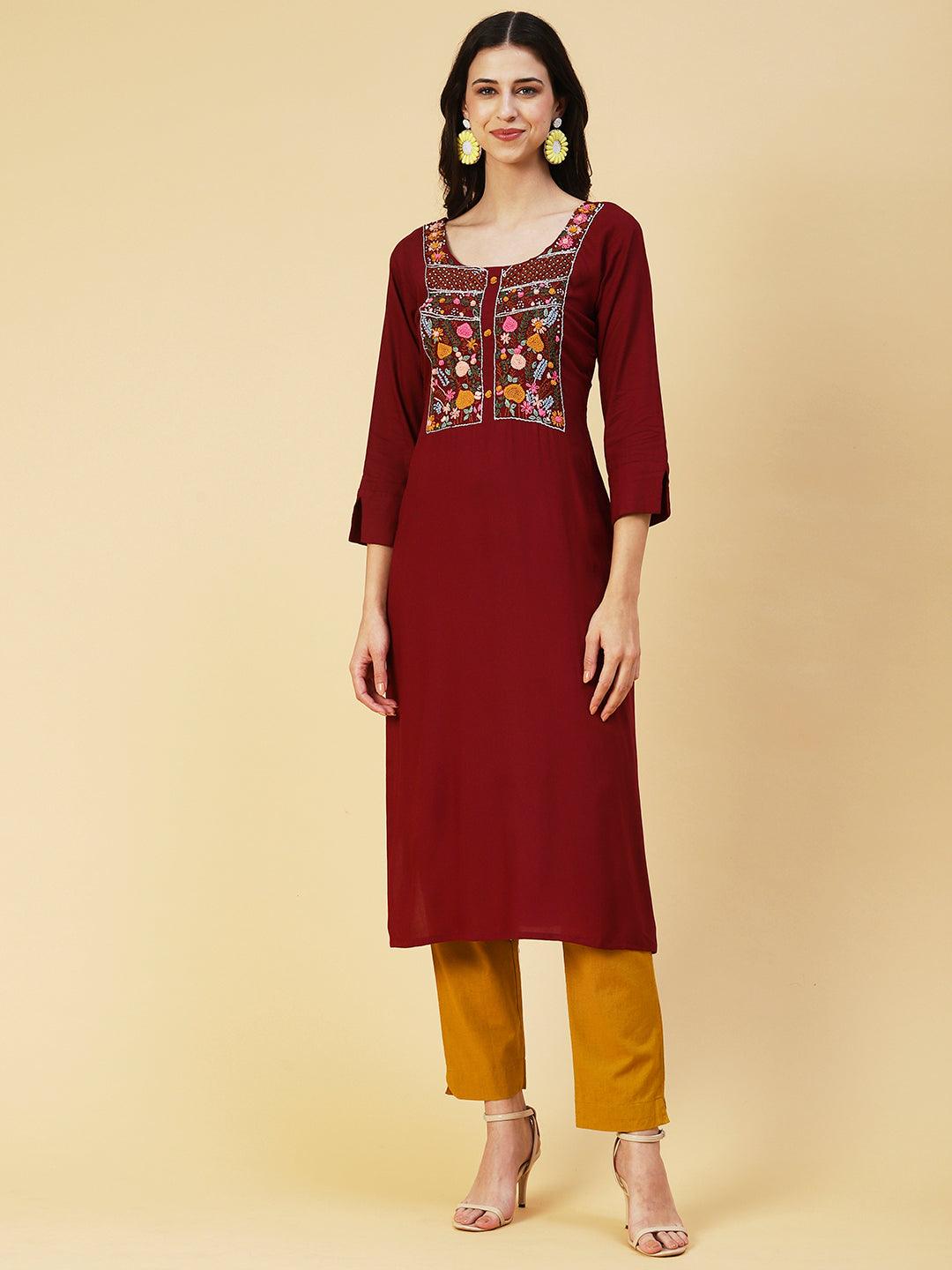 Solid Resham Embroidered Kurta - Maroon - Indiakreations