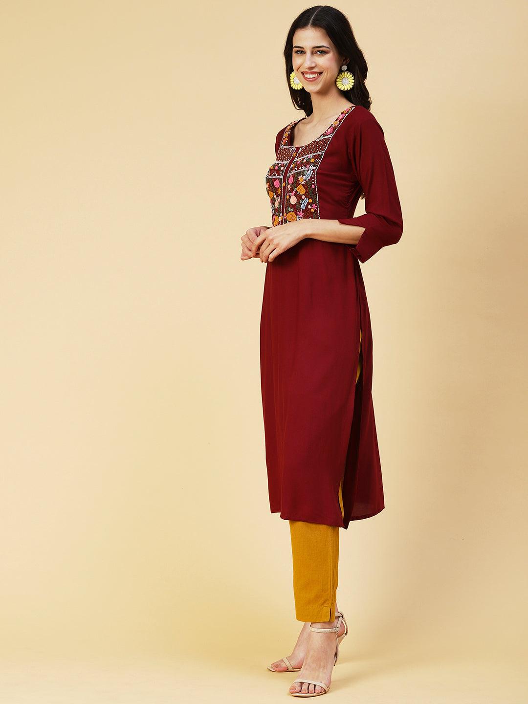 Solid Resham Embroidered Kurta - Maroon - Indiakreations