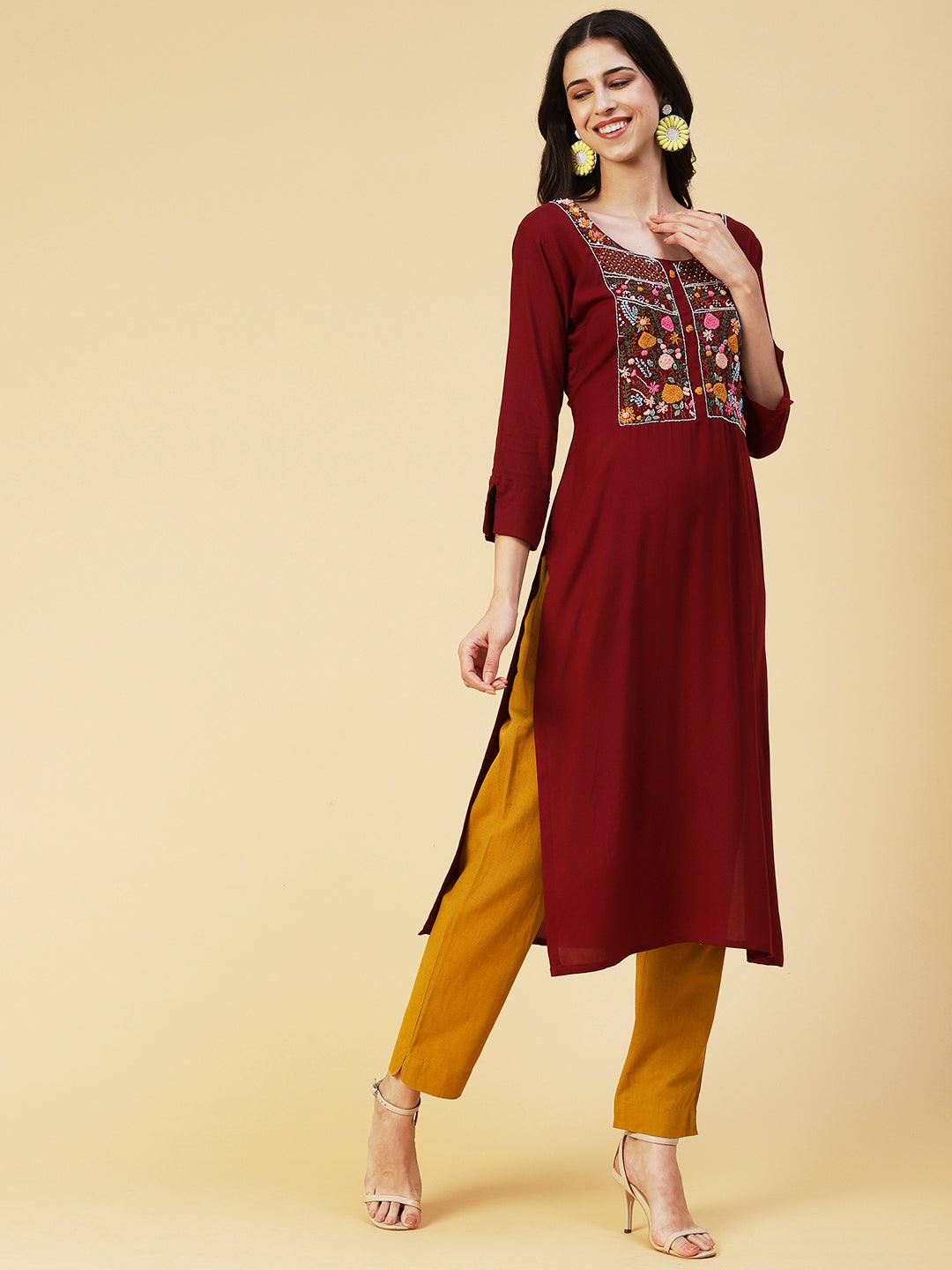 Solid Resham Embroidered Kurta - Maroon - Indiakreations